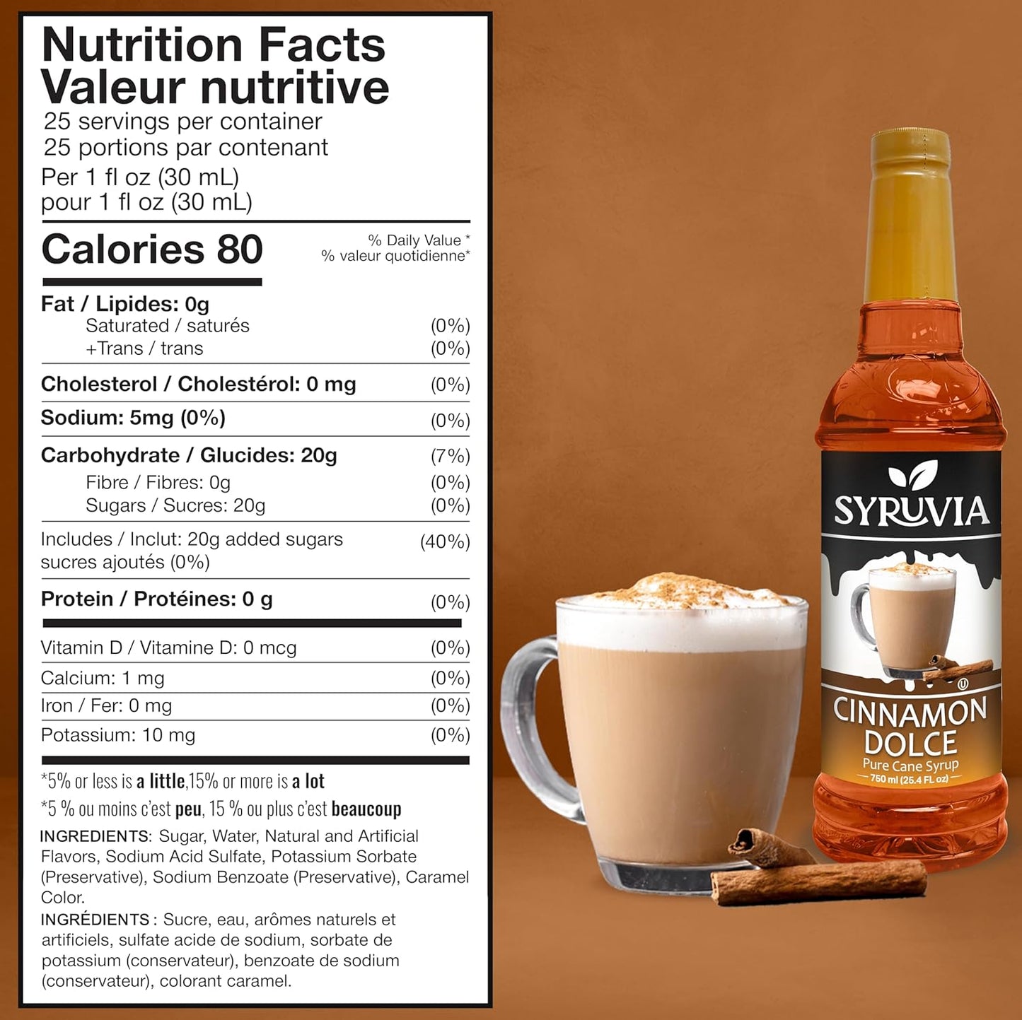 Syruvia Cinnamon Dolce Coffee Syrup - 25.4 fl oz. Kosher and Gluten-Free. Perfect for Enhancing Drinks, Sodas, Shakes, Desserts, and More.