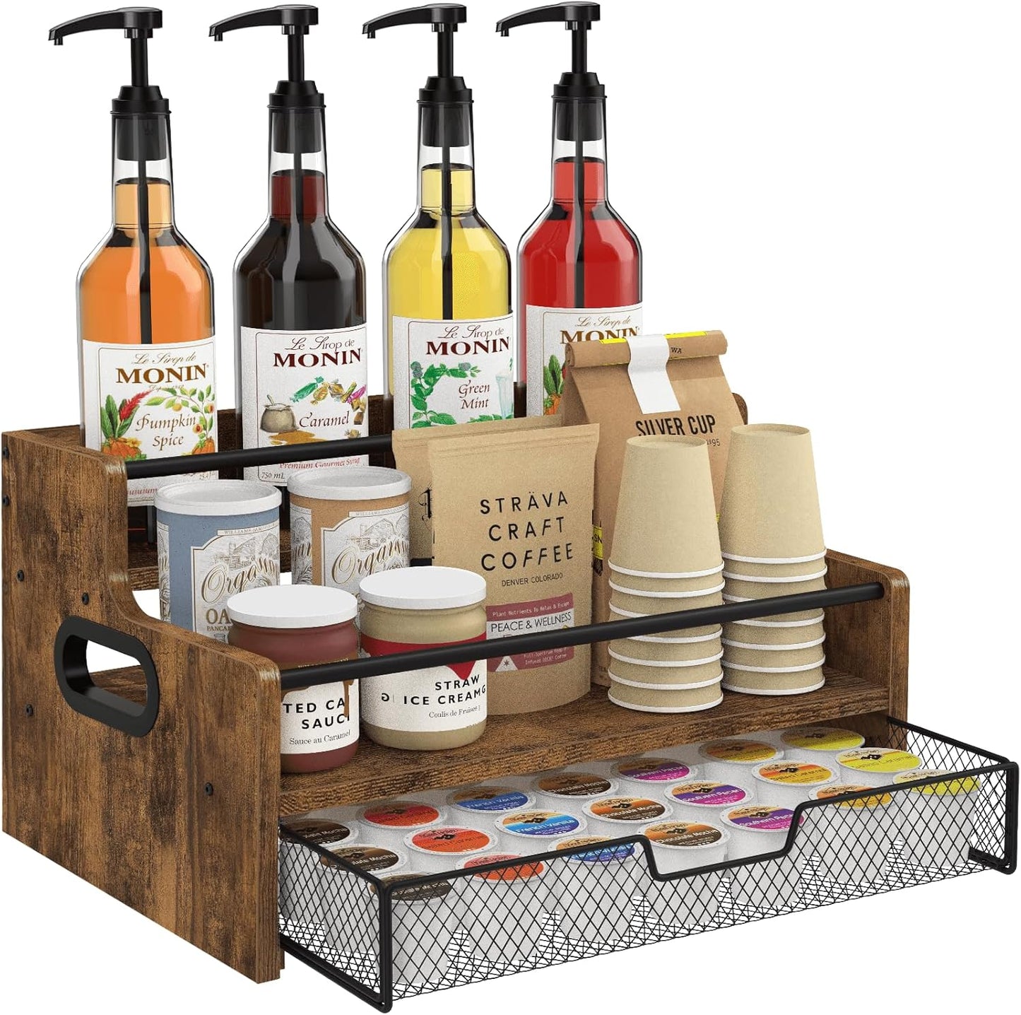 Homode Coffee Syrup Organizer Rack, 3-Tier 8 Bottles Syrup Stand with 35 K Cup Storage Drawer for Coffee Station Bar Accessories, Countertop Wood Liquor Bottle Holder for Wine, Rustic Brown