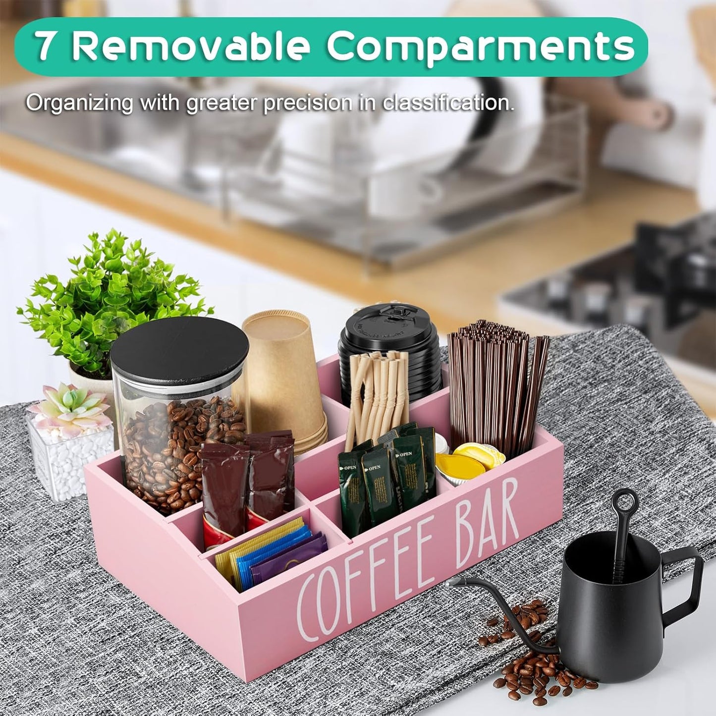 ALELION Pink Coffee Station Organizer for Countertop - 7 Compartments Coffee Bar Accessories and Organizer with Removable Dividers - for Pink Kitchen Coffee Bar Decor
