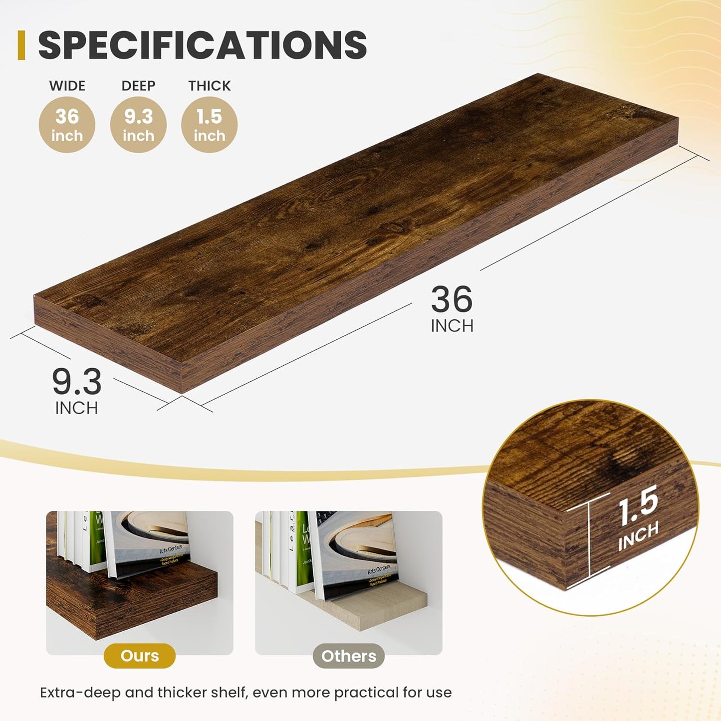 36 Inch Floating Shelves, 9.3" Deep Floating Shelf Wall Mounted, 36" Wall Shelves, Rustic Deep Bookshelf, Large Display Shelves & Storage Shelves for Bedroom, Living Room, Brown, Set of 2