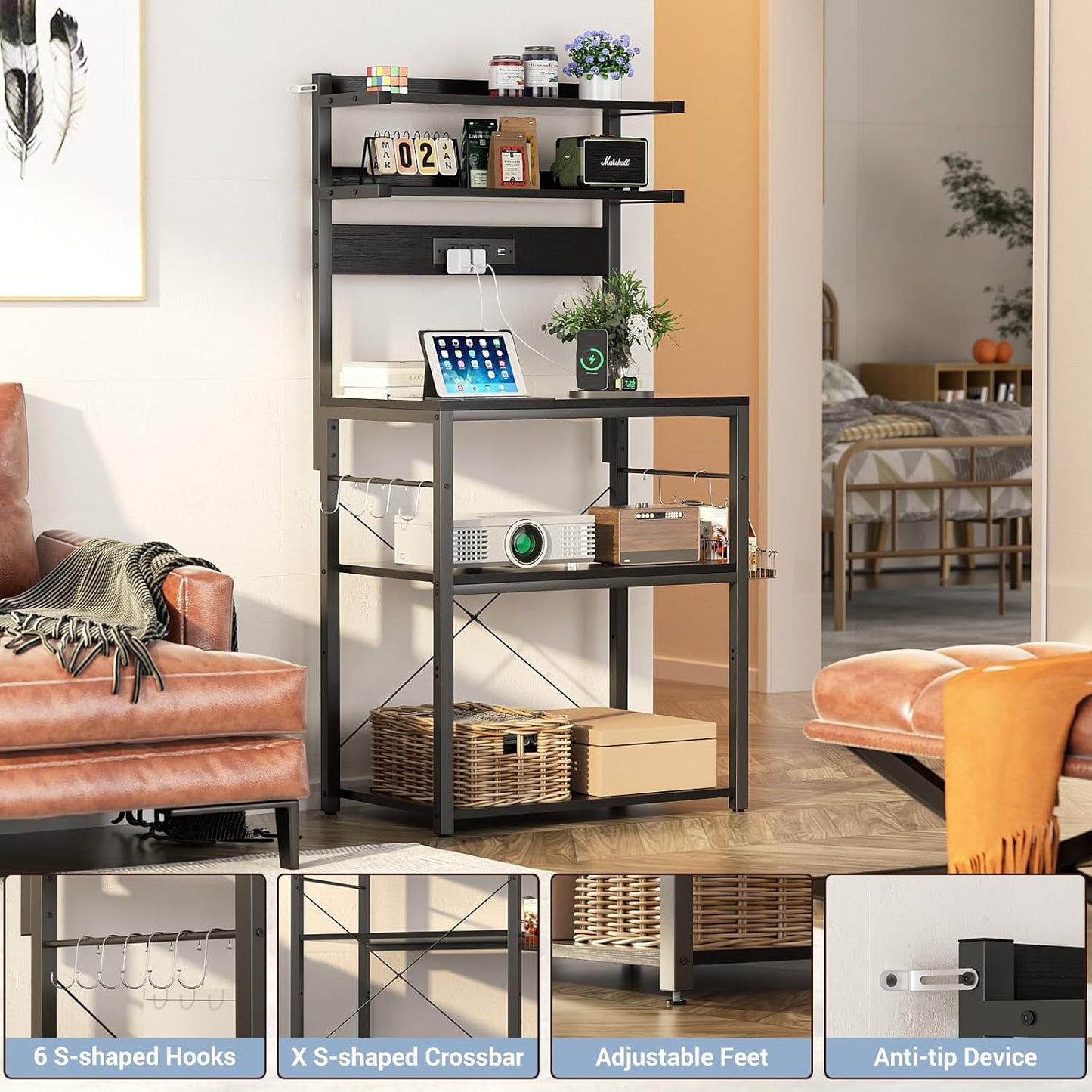 Aheaplus Bakers Rack with Power Outlet, Microwave Stand, 5 Tiers Coffee Bar Station with Led Lights, Kitchen Storage Shelf with 6 S-Shaped Hooks, Kitchen Rack for Spices, Pots and Pans, Black