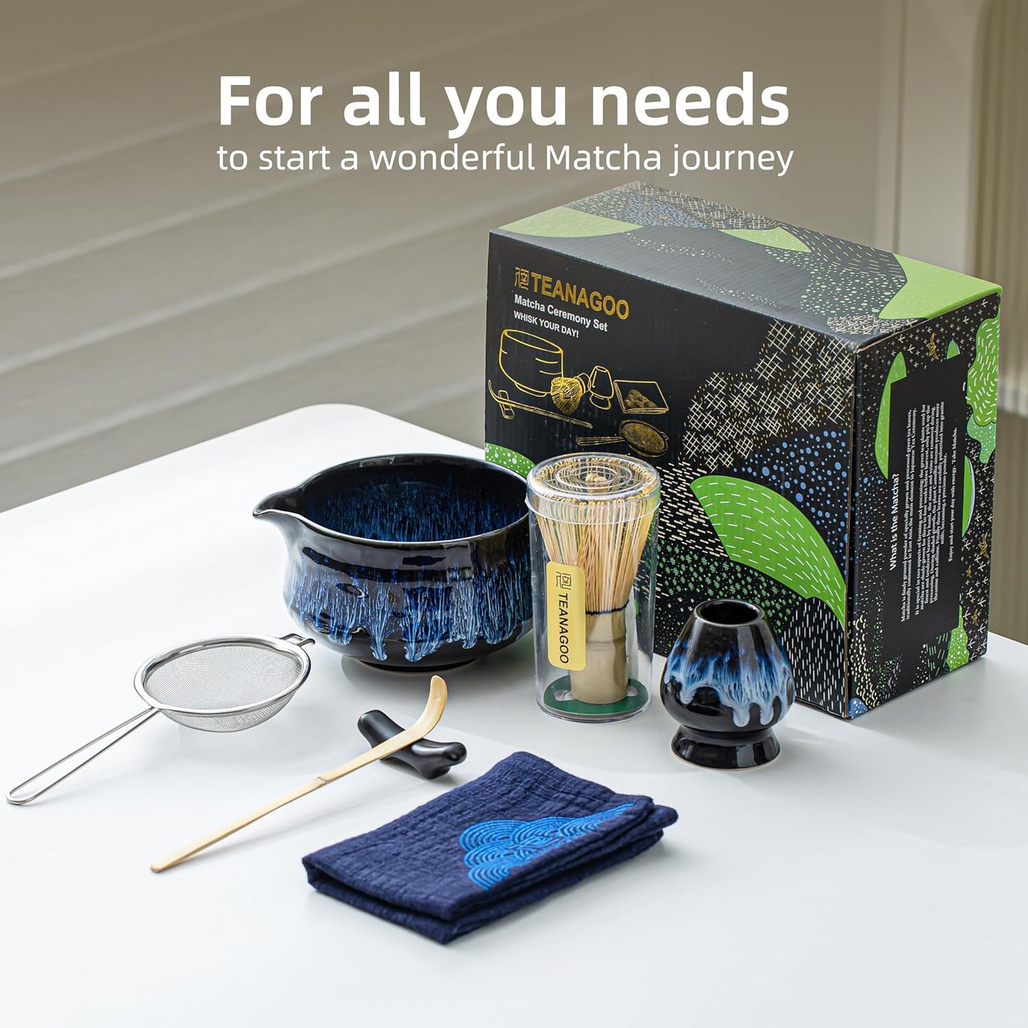 TEANAGOO 7 Pcs Matcha Whisk Set,Matcha Set for Ceremony,Matcha Kit Junware-Blue,Matcha Tea Set for Making Breakfast/Latte,Ceramic Bowl(chawan) whith Spout and Whisk,Gift for Matcha Lover