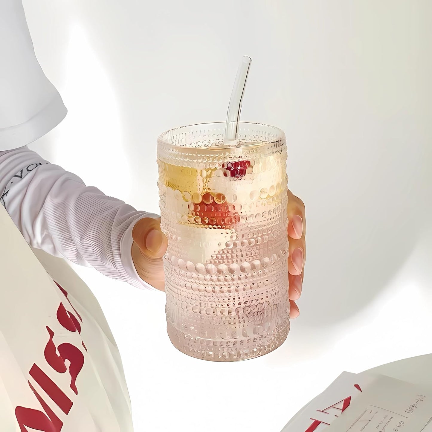 4 Pcs Iced Coffee Glasses Cups with Glass Lids and Straws,12 oz Thick Emboss Beaded Drinking Glass Cup Set,Latte Glasses,Ideal for Water,Soda,Gift - with Cleaning Brushe