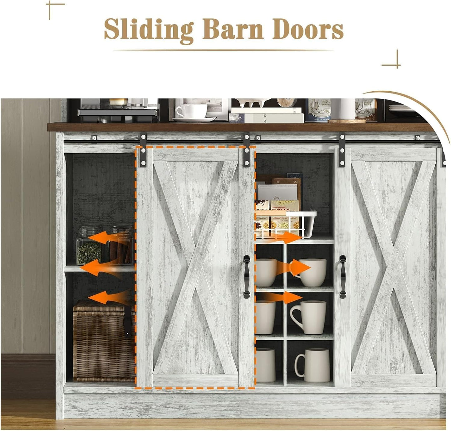 4 EVER WINNER Coffee Bar with 3-Tier Storage, 67" Coffee Bar Cabinet with Sliding Barn Doors & Wine Rack, Kitchen Hutch Cabinet for Living Room, Dining Room, Grey