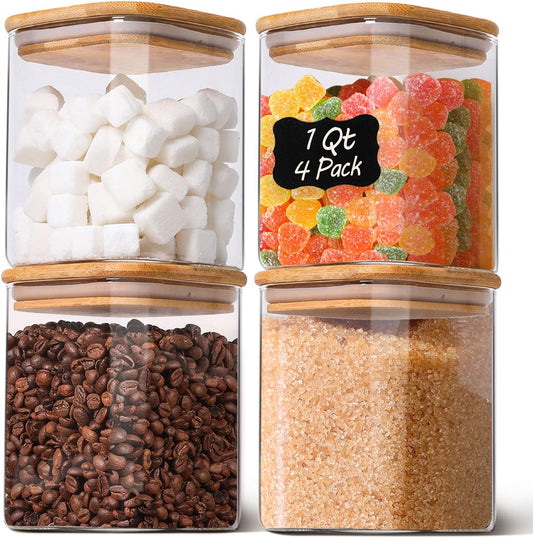 Glass Storage Containers with Lids, Food Storage Jar Canister Set, Pantry Organizers for Cookie Candy Tea Coffee Bean (4 pack 1qt)