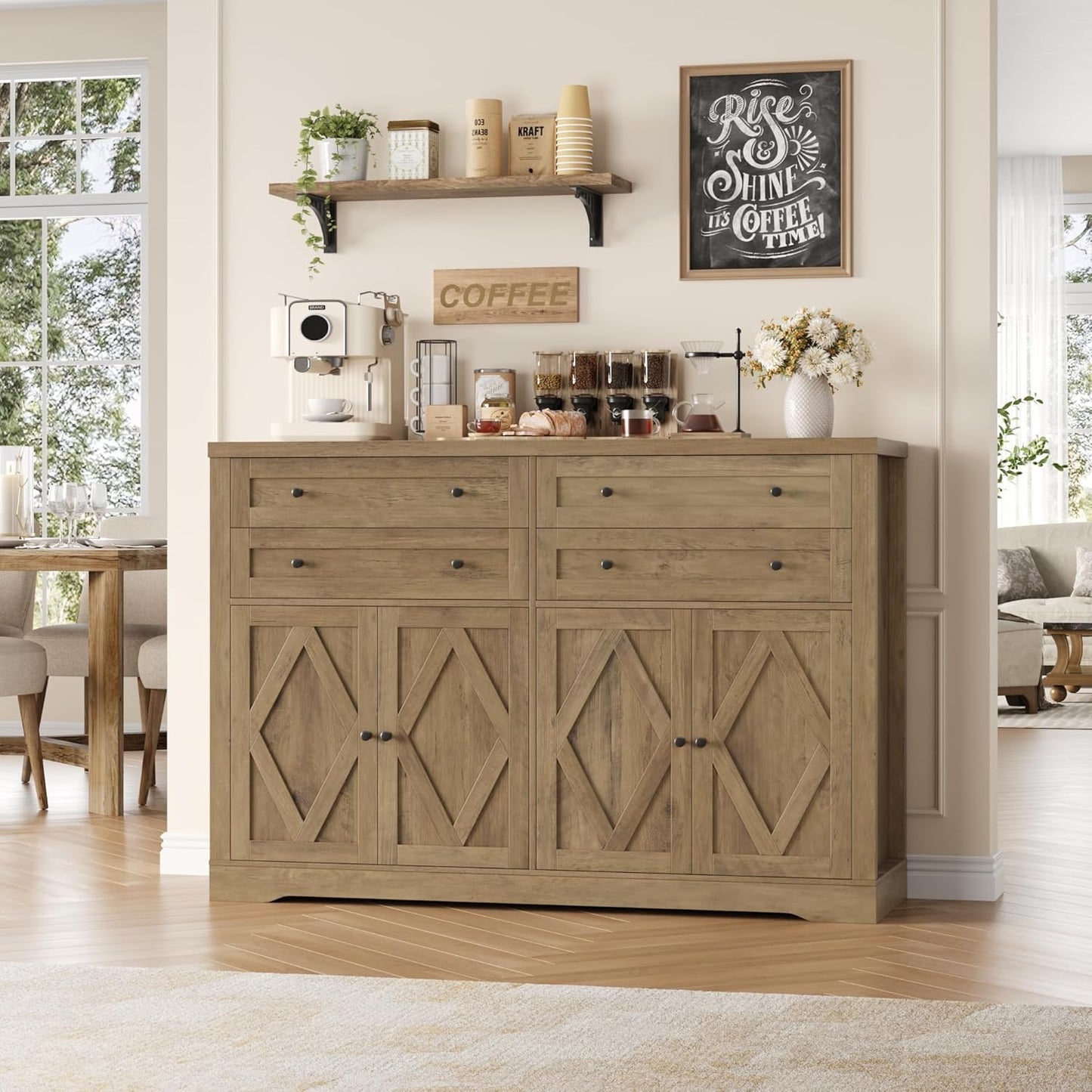 HOSTACK 55" Coffee Bar with 4 Large Drawers, 40" Tall Buffet Cabinet with Storage, Kitchen Storage Cabinet, Modern Farmhouse Sideboard Buffet, Adjustable Shelves for Living Room, Rustic Brown