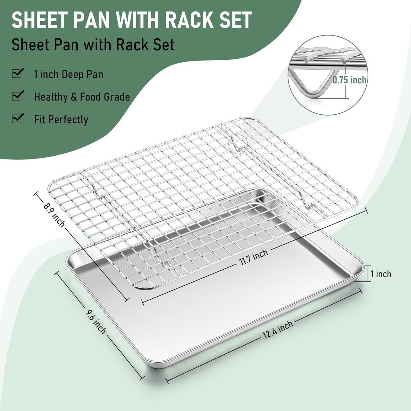 Baking Sheet with Wire Rack Set, Homikit Stainless Steel Quarter Sheet Pan with Grid Cooling Rack for Toaster Oven Roasting, Metal Bacon Cookie Trays Nonstick Jelly Roll Pan, 12" x 10" x 1 Inch