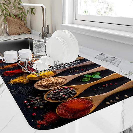 Dish Drying Mat Colorful Spices Herbs Kitchen Mat 16"x24" Bsorbent Coffee Maker Mat for Dishes,Utensils Coffee Maker Pots and Pans Easy Clean Dish Slip Resistant Pad