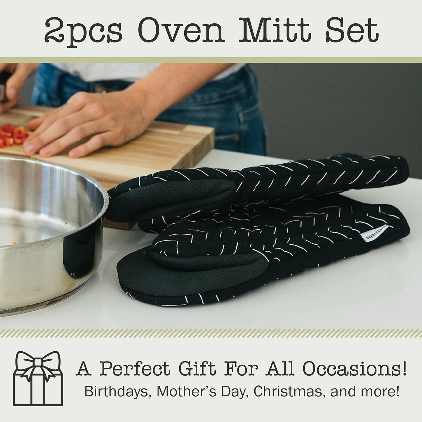 Heat Resistant Designer Kitchen Oven Mitts with Neoprene Non-Slip Grips and Hanging Loops | Set of 2 100% Cotton Long Sleeve Kitchen Oven Mitts | 5.5" x 12" | Black