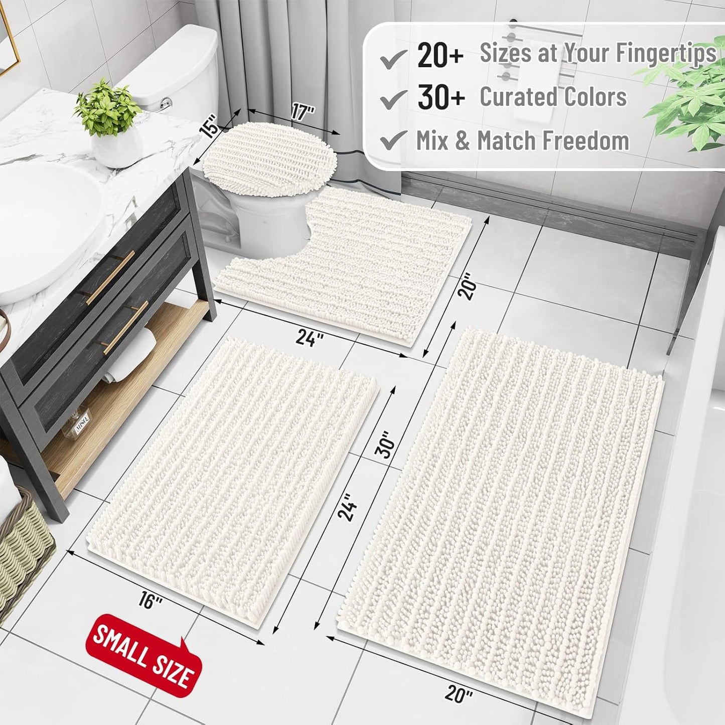 Arotive Luxury Chenille Bathroom Rug Mat, Extra Soft Thick Absorbent Shaggy Bath Rugs, Non-Slip Machine Wash Dry, Plush Bath Mats for Bathroom, Shower and Tub, 50x30, Ivory