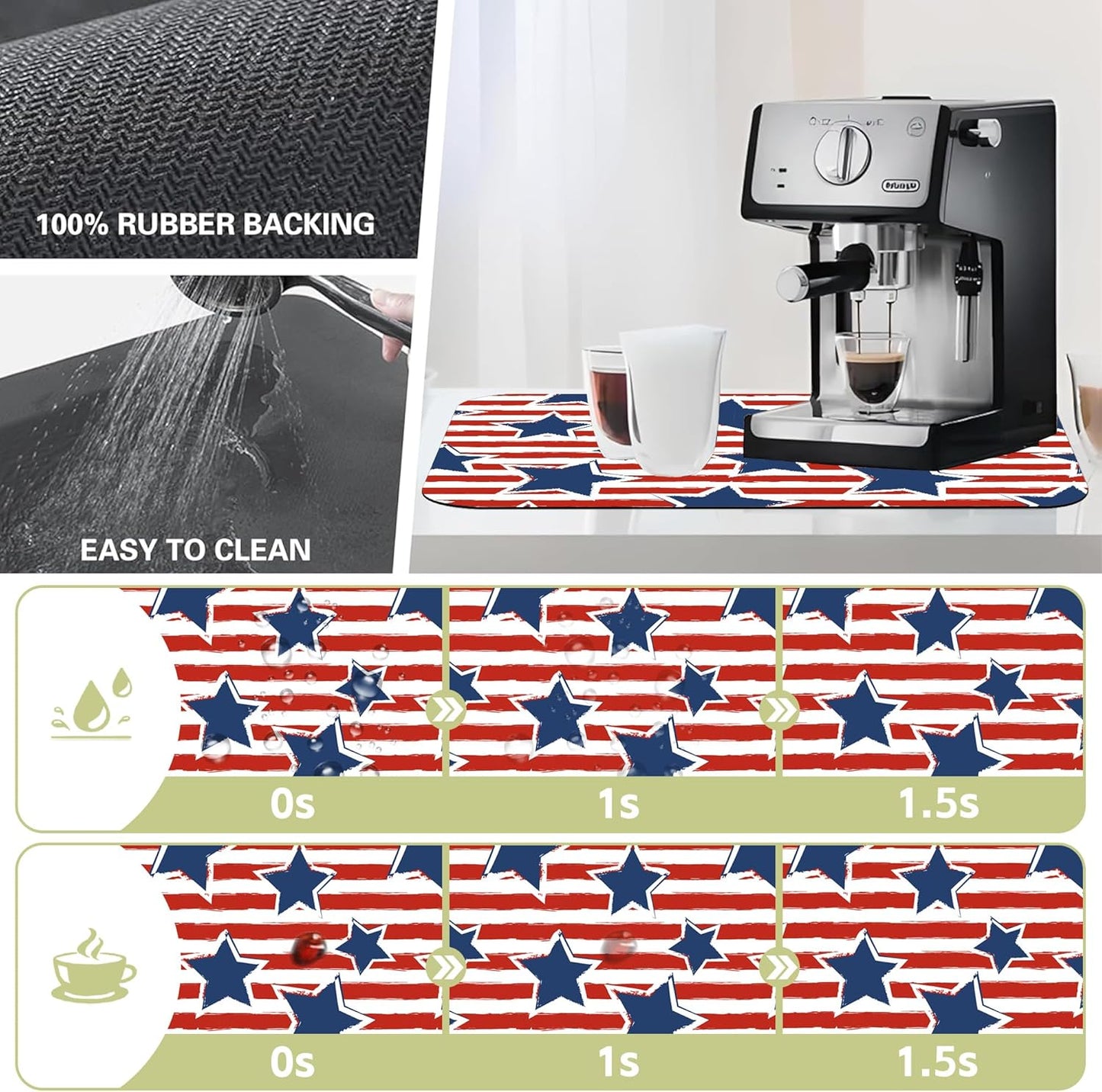 Dish Drying Mat Watercolor Blue Star Red Stripes Kitchen Mat 12"x19" Bsorbent Coffee Maker Mat for Dishes,Utensils Coffee Maker Pots and Pans Easy Clean Dish Slip Resistant Pad