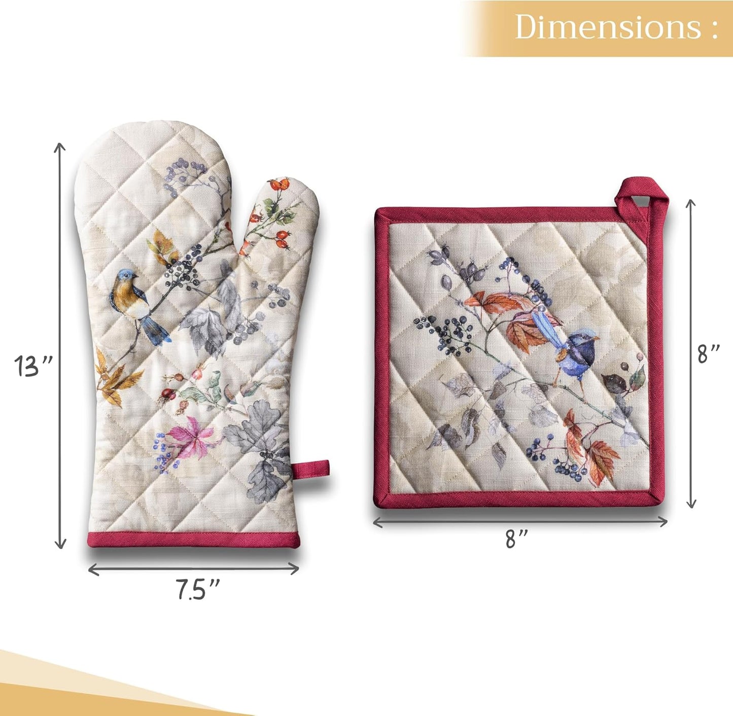 Maison d' Hermine 100% Cotton Oven Mitt & Pot Holder Set (7.5"x13" & 8"x8") Heat Resistant BBQ Cooking Gloves with Loop, Baking, Grilling, Kitchen, Handling Hot Pans (Equinoxe - Beige)