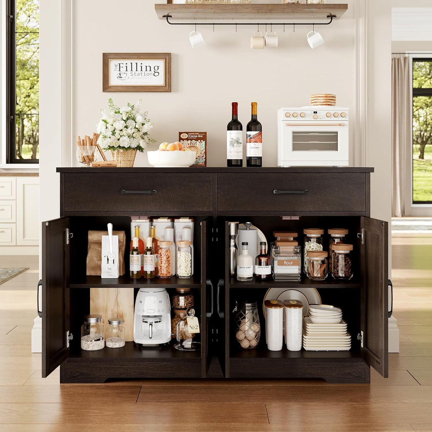 HOSTACK Buffet Cabinet with Storage, 47.2" Kitchen Sideboard Buffet with Drawers, Modern Farmhouse Coffee Bar Station with Shelves, Barn Doors Storage Cabinet for Living Room, Dark Brown