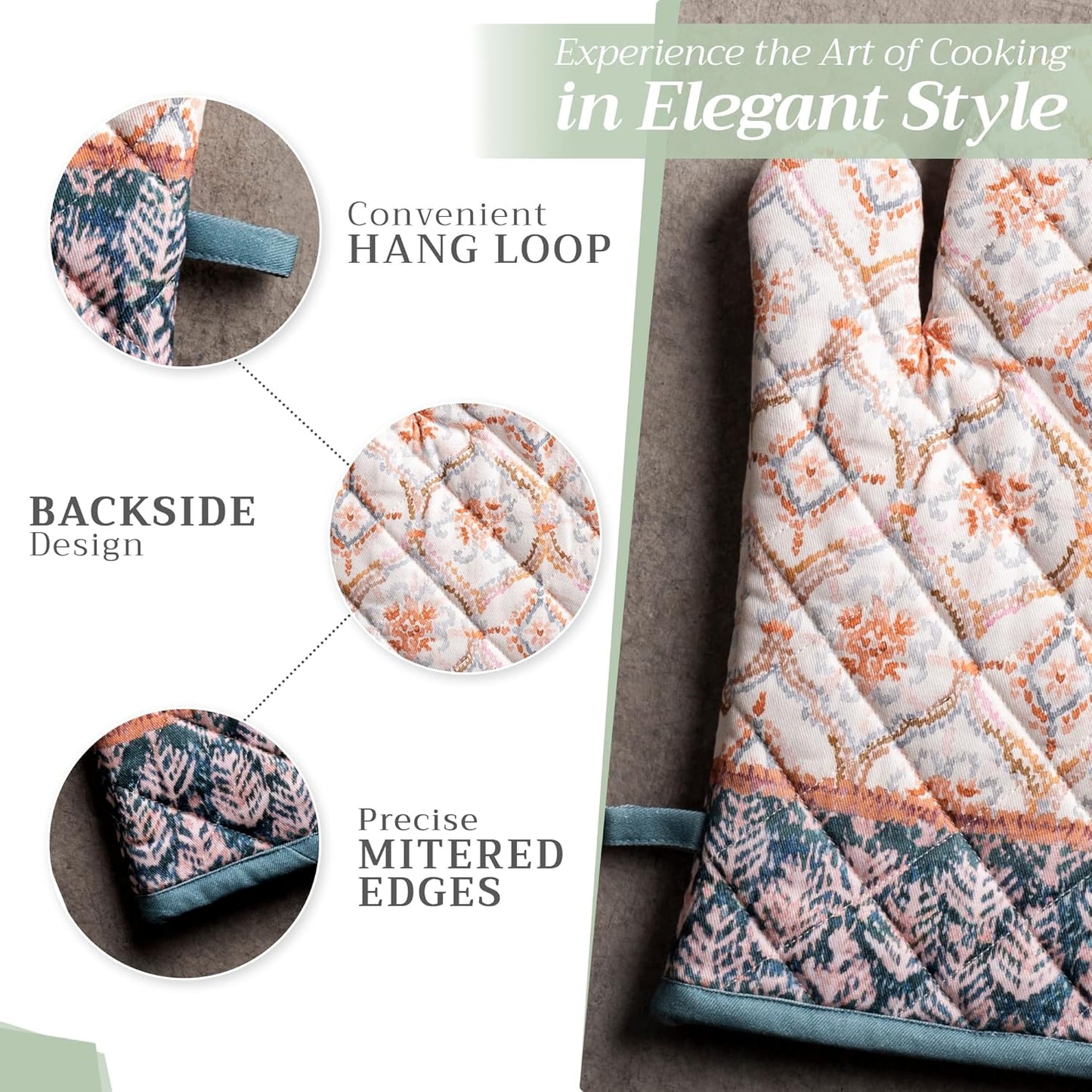 Maison d' Hermine 100% Cotton Oven Mitt & Pot Holder Set (7.5"x13" & 8"x8") Heat Resistant BBQ Cooking Gloves with Loop, Baking, Grilling, Kitchen, Handling Hot Pans (Fair Isle)