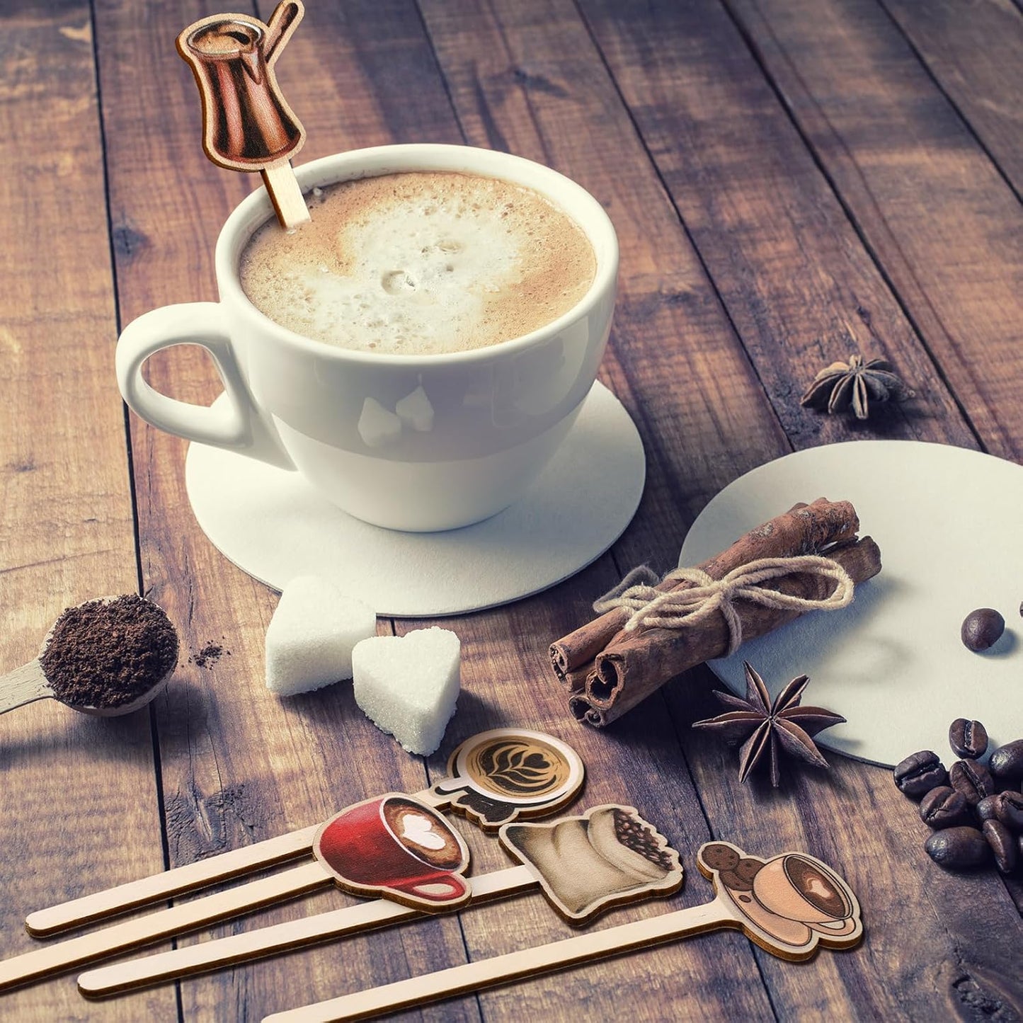 Jinei 120 PCS Coffee Stirrers Stir Sticks Natural Wooden Stir Sticks Disposable Drink Stirrers for Stirring Hot Chocolate Milkshake Restaurant Home Office(Coffee Style)