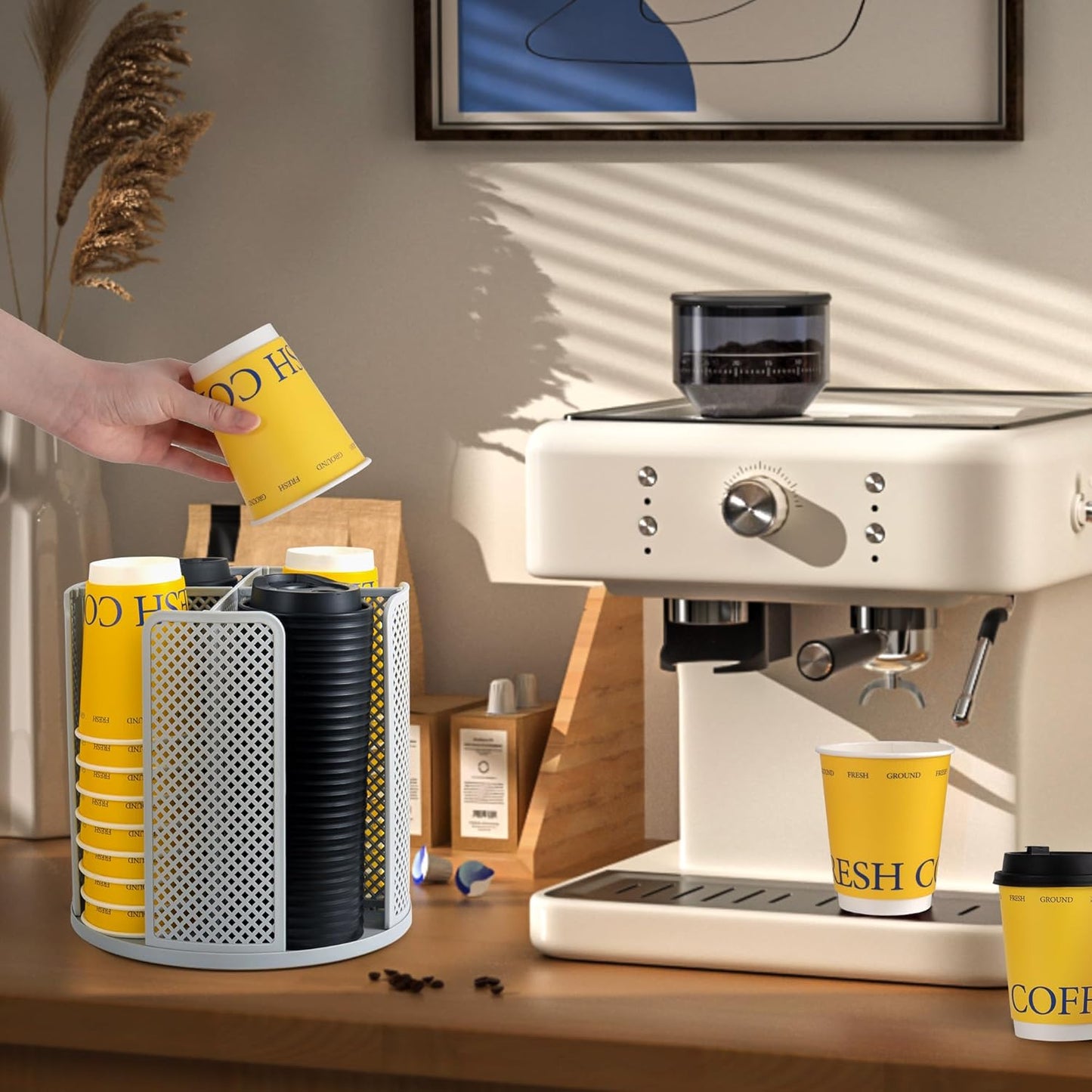 4-Compartment Rotating Paper Cup Holder & Coffee Cup Lid Storage Dispenser, Plastic Cup Dispenser Removable, Space-Saving Countertop Cup Holder for Coffee Bars, Kitchens (Grey)