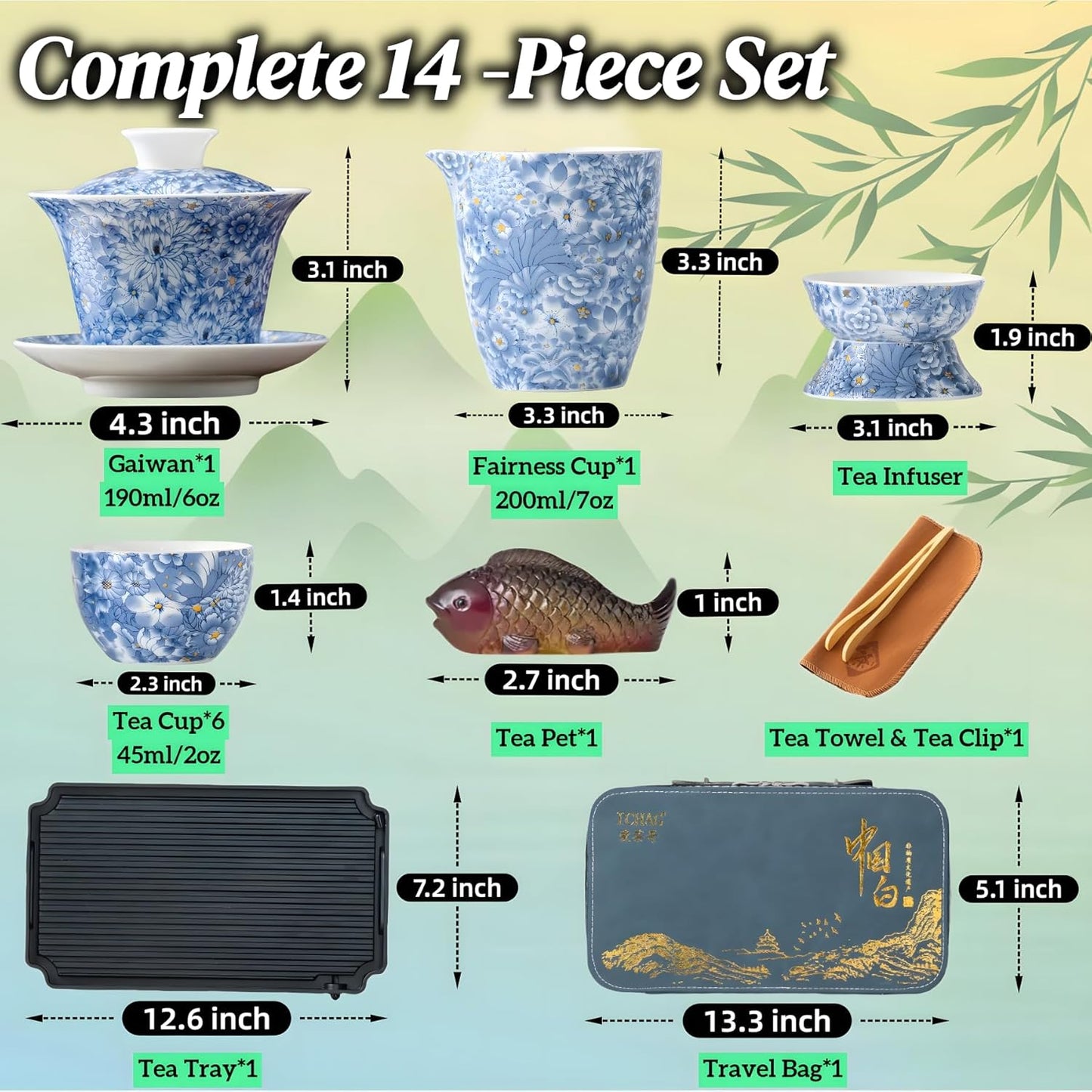ICHAG Chinese Tea Set, Gongfu Tea Sets for Adults, Asian Gaiwan Teaset, 14-Piece Yangzhi Jade (羊脂玉茶具) with Suspended Gaiwan & Tea Pet, Portable Travel Teaset for Home, Outdoor, Office Gifts