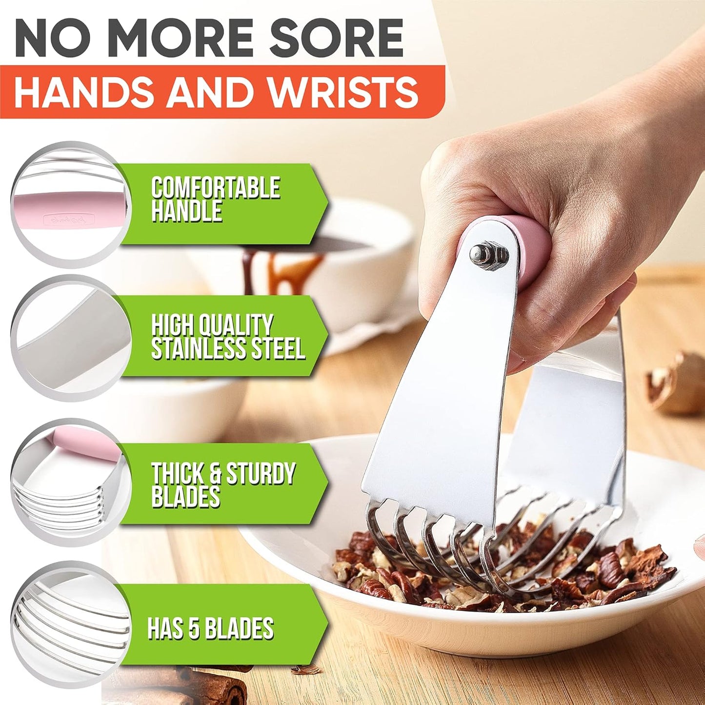 Spring Chef Medium Size Dough Blender For Baking, Stainless Steel Dough Cutter Tool, Manual Pastry Cutter Tool with Sharp & Thick Blades, Dishwasher Safe Pastry Blender for Easy Mixing - Pink Lemonade