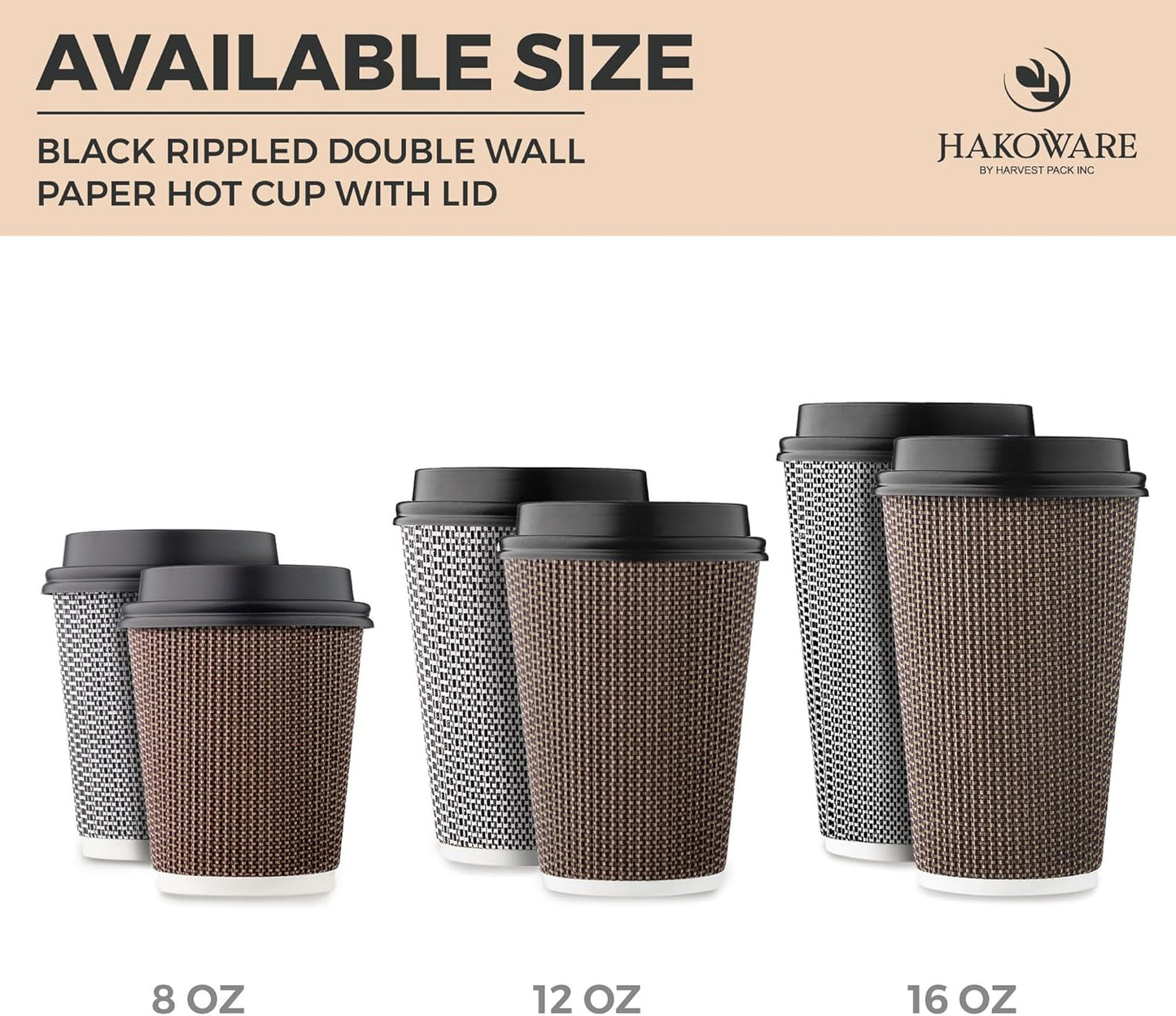 [400 SET]Harvest Pack 12 oz Disposable Coffee Cups, Insulated Ripple Double-Walled Paper Cup with Lid, Black and White Geometric, Tea Hot Chocolate Drinks To go coffee cups