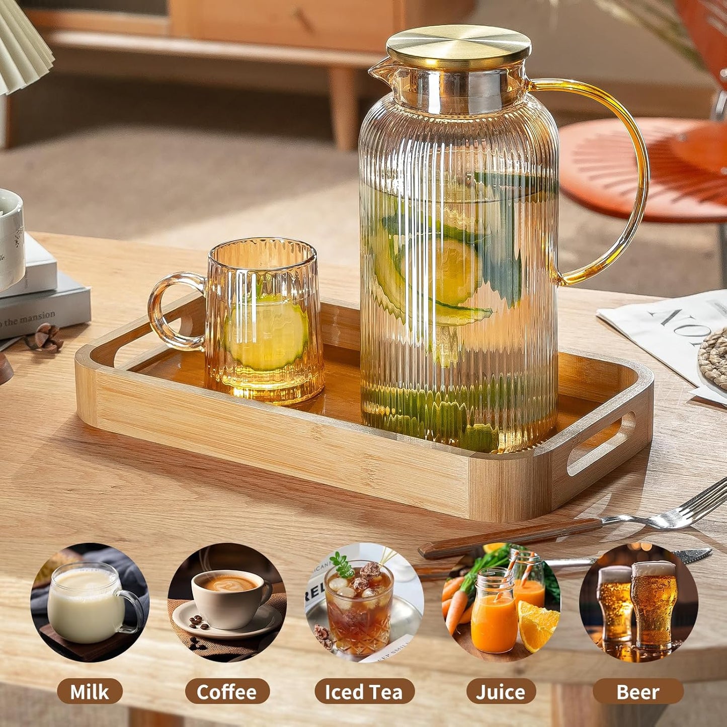 Glass Pitcher with Lid, 68 oz/ 2 Liter Amber Classic Vertical Stripes Water Pitcher,Glass Water Carafe for Cold Brew, Coffee, Lemonade, Iced Tea,Beverage, Heat Resistant Water Glass Jug