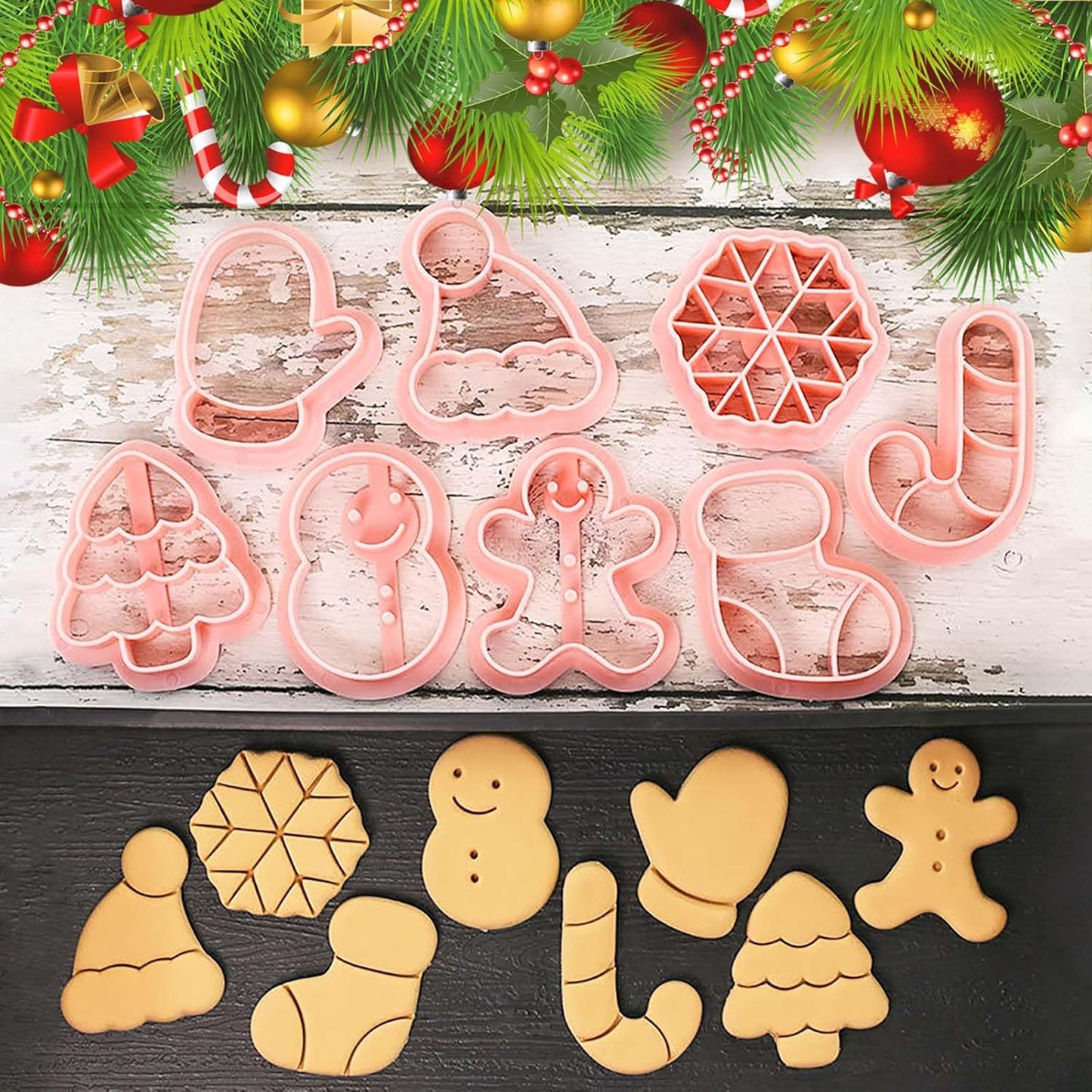 8 Piece Mini Christmas Cookie Cutters, 3d Raised Design Gingerbread Cookie Stamps, Cookie Cutter Set suitable for Frosting Decoration, Mini Pie Molds, Apple Pie Pastry Biscuit Cutter (Christmas-A)