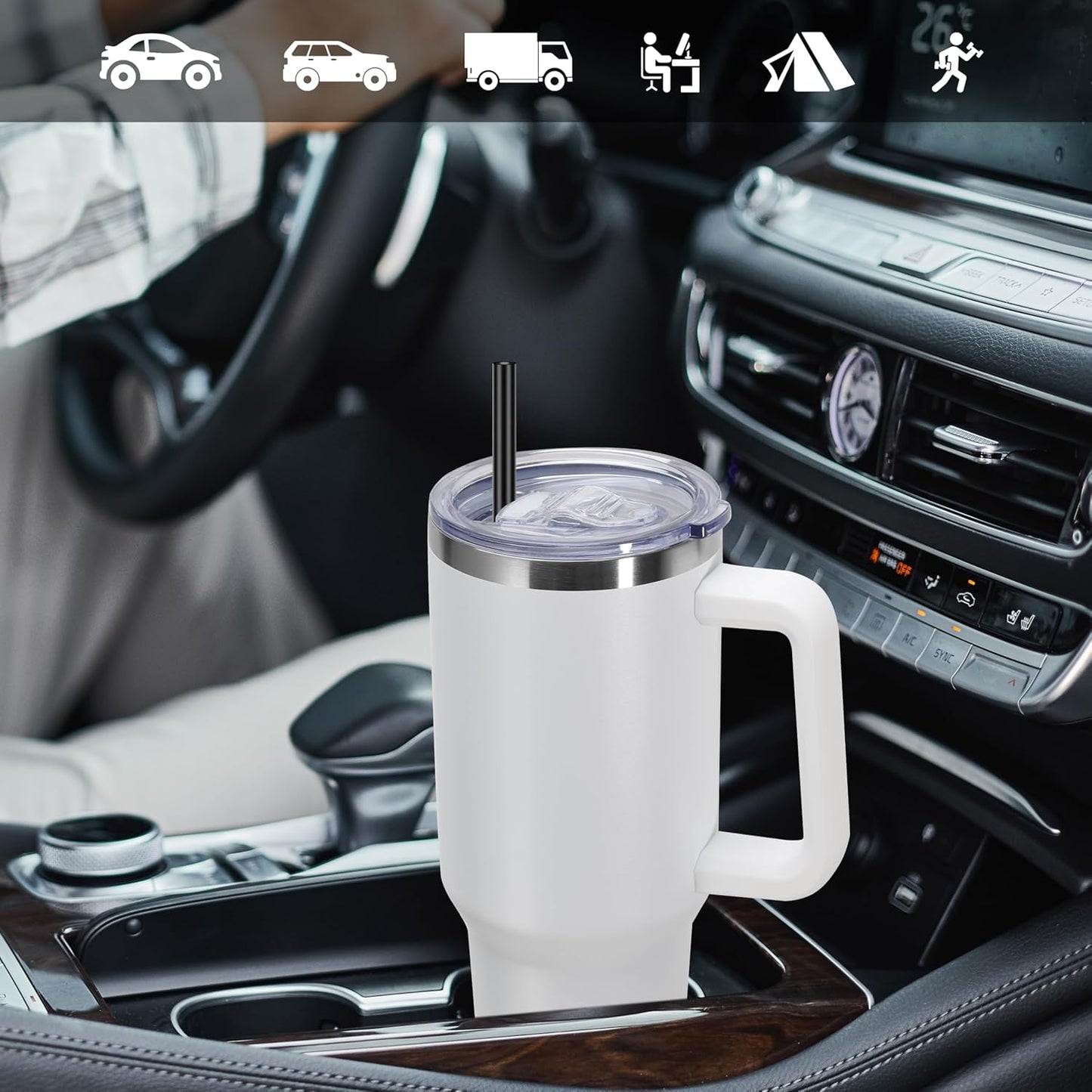 DOMICARE 40 oz Tumbler with Handle and Straw, Stainless Steel Tumbler with Lid and Straw, Reusable Vacuum Insulated Cup, Travel Coffee Mug, White, 1Pack