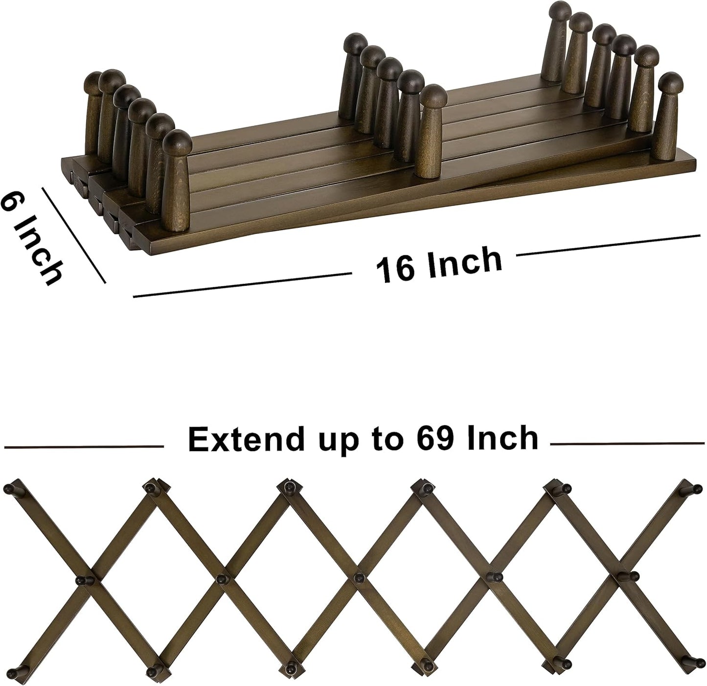 Dseap Accordion Wall Hanger: 16'' High Wooden Wall Expandable Coat Rack,Hat Rack Holder,Accordion Hook for Baseball Caps,Coats,17 Peg Hooks,Dark Walnut
