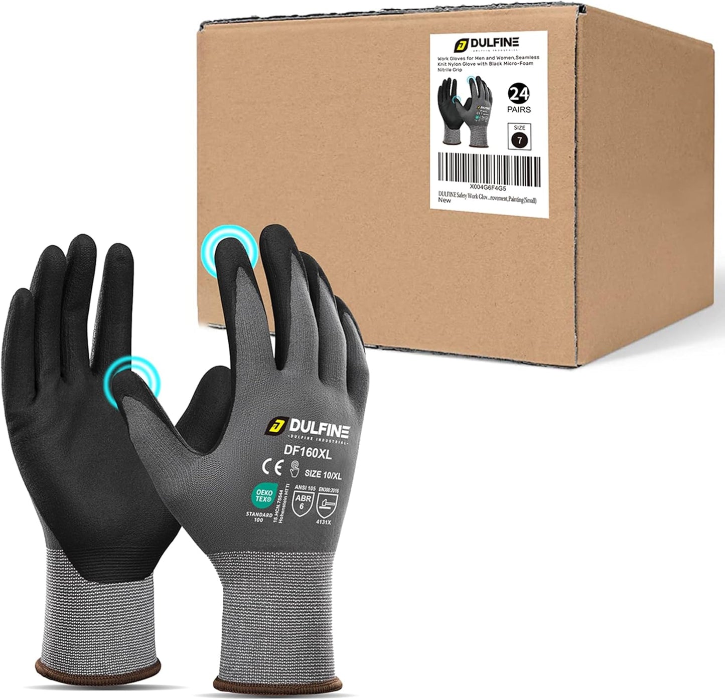 DULFINE Safety Work Gloves MicroFoam Nitrile Coated-24 Pairs Pack,Seamless Knit Nylon Glove with Black Micro-Foam Nitrile Grip,Ideal for General Purpose,Automotive,Home Improvement,Painting(Large)
