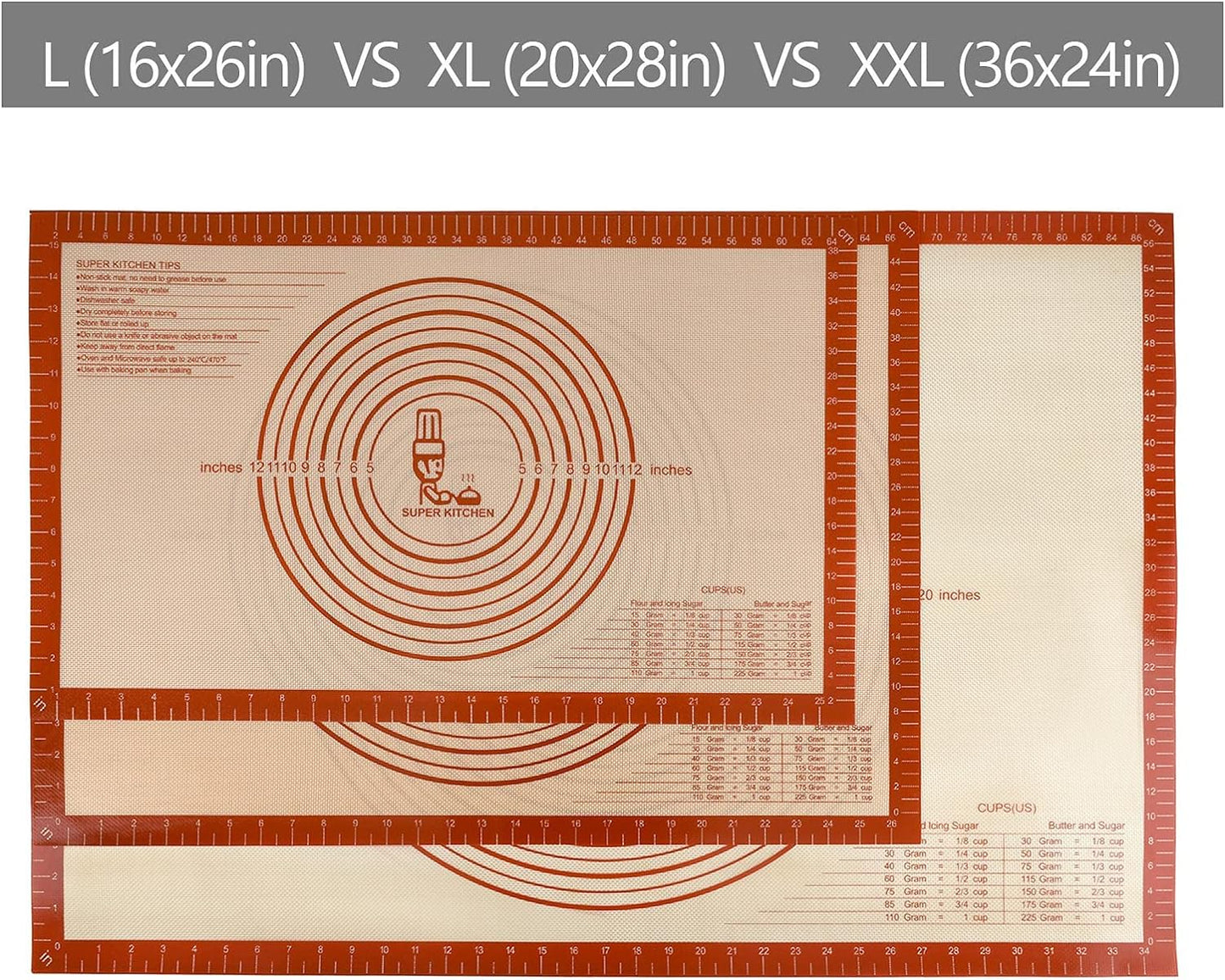 Non-slip Silicone Pastry Mat Extra Large with Measurements 36''By 24'' for Baking Mat, Counter/Dough Rolling/Oven Liner/Fondant/Pie Crust（Red）