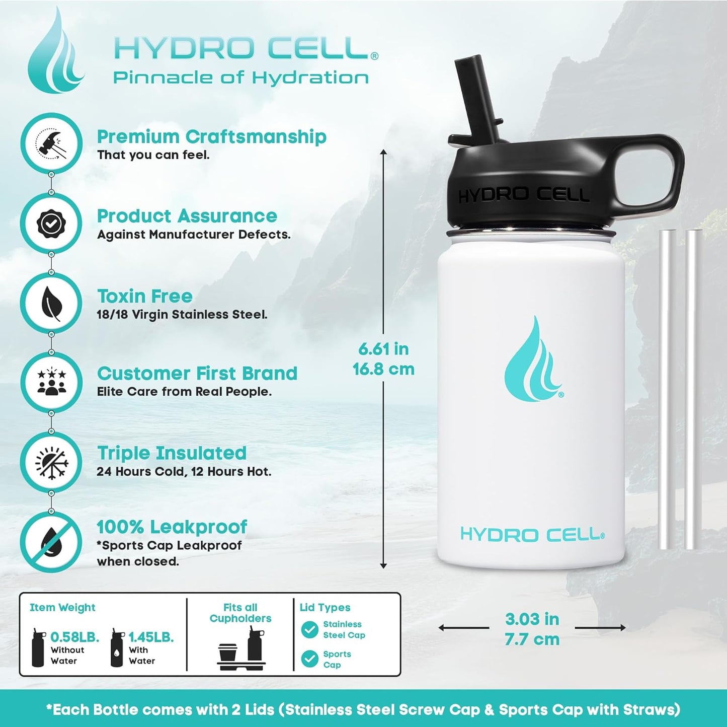 HYDRO CELL Stainless Steel Sport Water Bottle with Straw - Keeps Drinks Cold & Hot via a Leak Proof Metal Triple Insulated Vacuum Flask for All Sports and Outdoors Activities (White 14oz)
