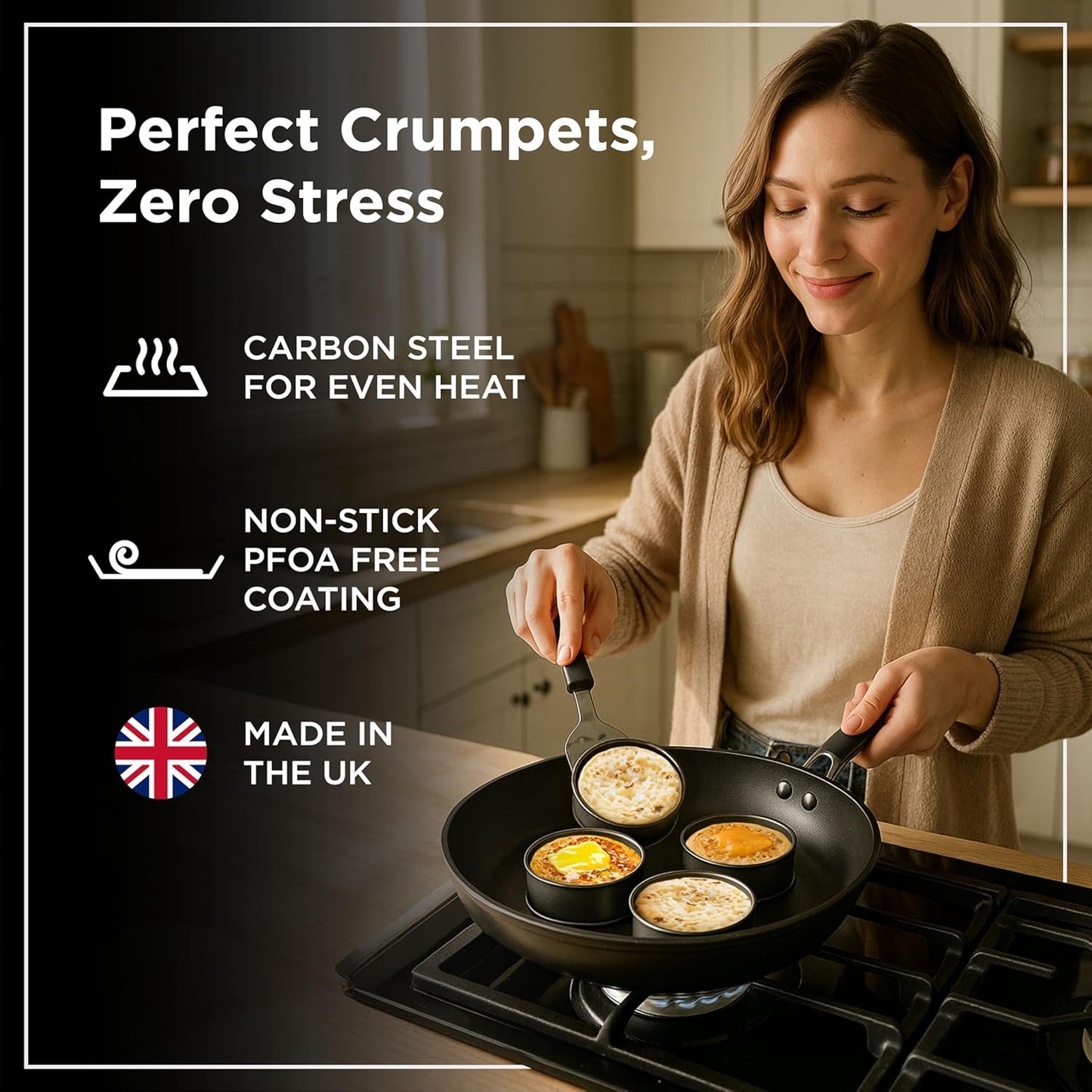 Wrenbury Crumpet Rings Nonstick 3.5 inch - English Muffin Rings - Set of 6 Food Ring Molds for Cooking – Metal Baking Egg Ring Set - Made in England