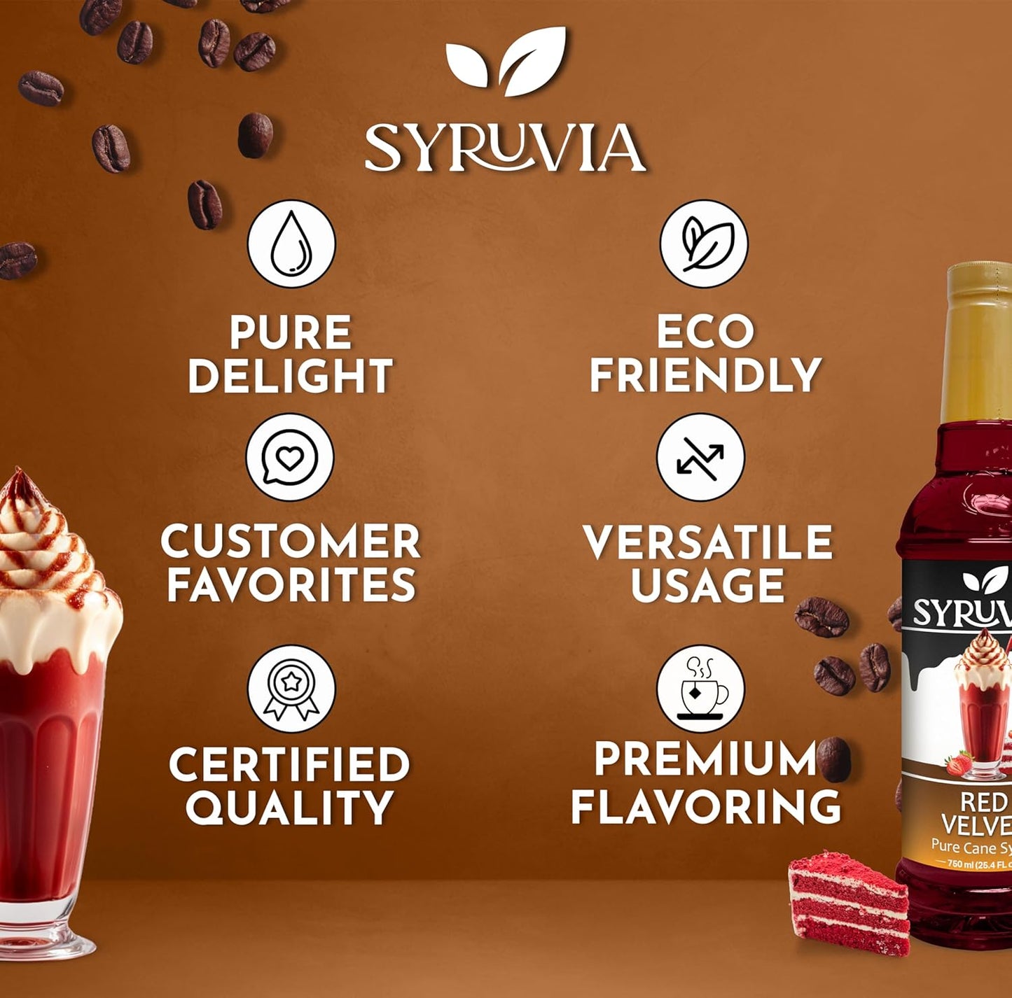 Syruvia Red Velvet Coffee Syrup - 25.4 fl oz - Kosher Coffee Syrups, Gluten Free, No Coloring, Perfect for Drinks, Soda, Shakes, Desserts, and More.