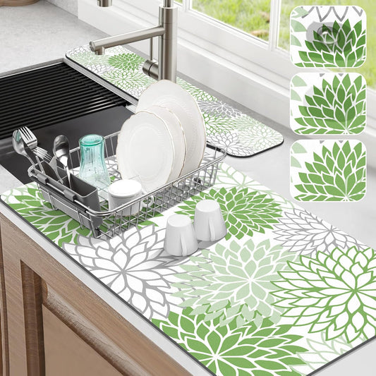 Findosom 2PCS 17" x 32" Dish Drying Mat & 24" x 5.5" Sink Splash Guard, Super Absorbent & Cuttable Dish Mat Drying Kitchen Mat with Green Floral, Hide Stain Drying Mat for Kitchen Counter