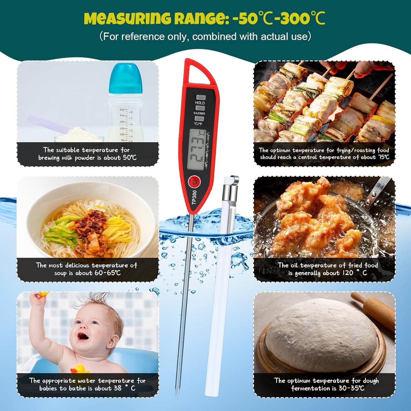 3 Set Waterproof Food Thermometer for Water, Liquid, Candle and Cooking Digital Meat Thermometer with Long Probe Instant Read for Kitchen BBQ Grill Candy (Black,White,Red)