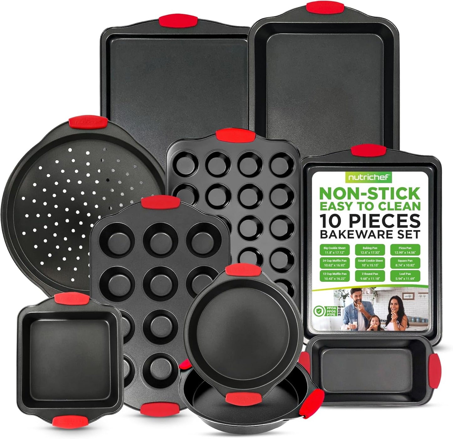 NutriChef Premium 10-Piece Bakeware Set - Flexible Nonstick Carbon Steel, Stylish Red Silicone Handles, Oven Safe Up to 450°F, Dishwasher Safe, Ideal for Baking Cakes, Muffins & More