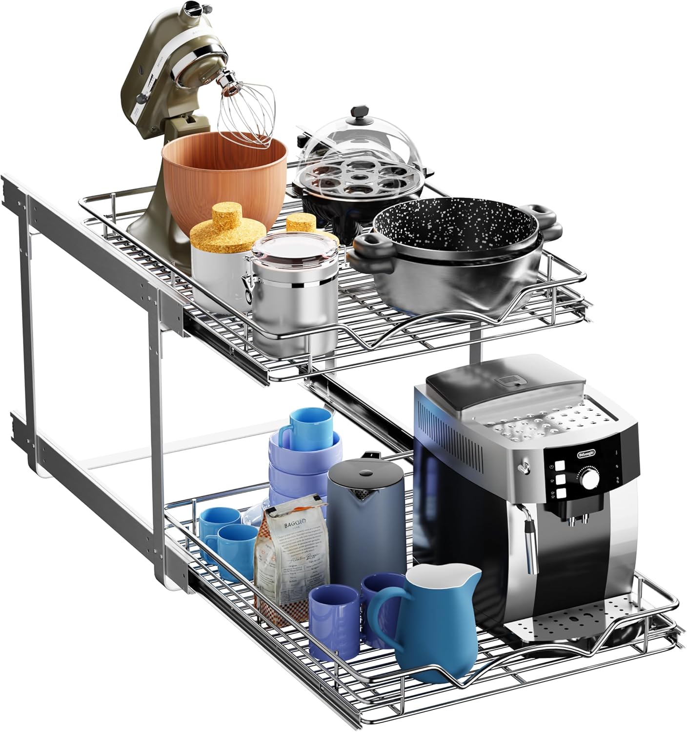 HOLDN’ STORAGE Two Tier Pull Out Cabinet Organizer, Individual Sliding Drawers - Heavy Duty Metal with Lifetime Limited Warranty - Anti Rust Chrome Finish - 17" W x 21”D x 16.5" H