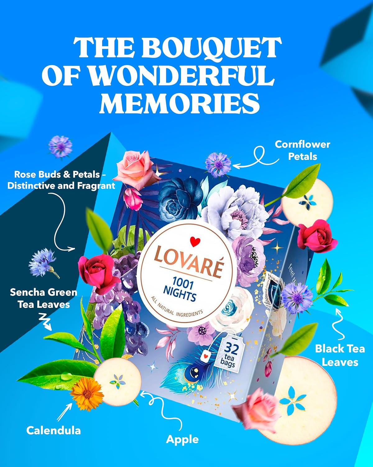 LOVARE 1001 Nights Tea Bags 64 g - Made in Ukraine - Classic Black and Sencha Green Flavored Tea Blend - Tea Bags Individually Wrapped - Gift Box Sets for Tea Lovers (32 Tea Bags x 2 g Each)