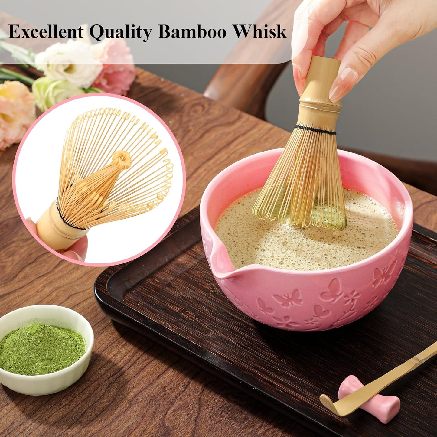 Matcha Whisk Set 7 PCS Matcha Bowl, Matcha Whisk and Holder, Bamboo Scoop and Scoop Rest, Stainless Sifter and Tea Towel Ceramic Matcha Set Japanese Matcha Kit for Matcha Lovers Pink