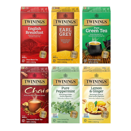 Twinings Variety Pack Tea Bags, 25 Count (Pack of 6) Includes English Breakfast, Earl Grey, Lemon Ginger, Peppermint, Green, and Chai, Enjoy Hot or Iced, 150 Teabags