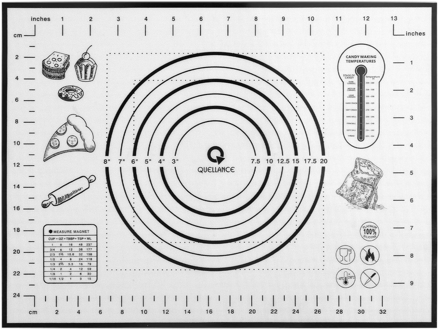 Silicone Pastry Mat with Measurement, Kids Baking Mat for Fondant, Rolling Dough, Pie Crust, Pizza and Cookies, Dough Mat, Counter Mat 12" x 16", Black