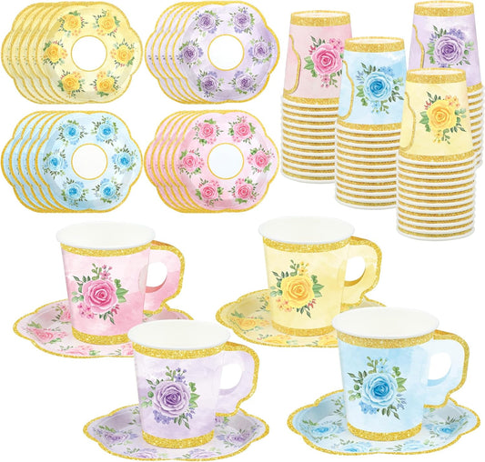 24 Sets Floral Paper Tea Cups and Saucers Disposable Tea Party Supplies Colorful Flower Teacups with Handle and Plates for Hot Cold Drink Wedding Birthday Party Baby Shower