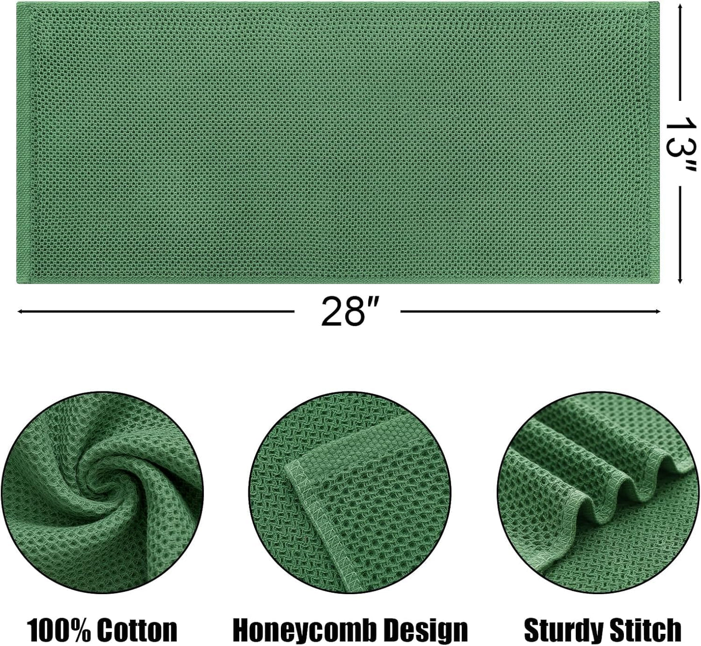 Kitinjoy 100% Cotton Waffle Weave Kitchen Towels, 12-Pack Super Soft and Absorbent Dish Rags for Drying Dishes, Kitchen Hand Towels, 13 in x 28 in, Grass Green