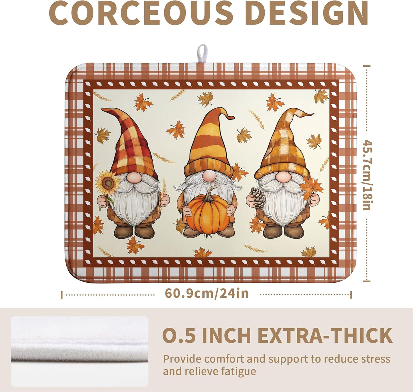 Fall Pumpkin Gnomes Dish Drying Mat Maple Leaves Autumn Large Kitchen Mats Dish Drying Pad Absorbent Dish Dryer Mat for Kitchen Countertops Microfiber Drainer Pad Dish Drying Mats (18x24 in)