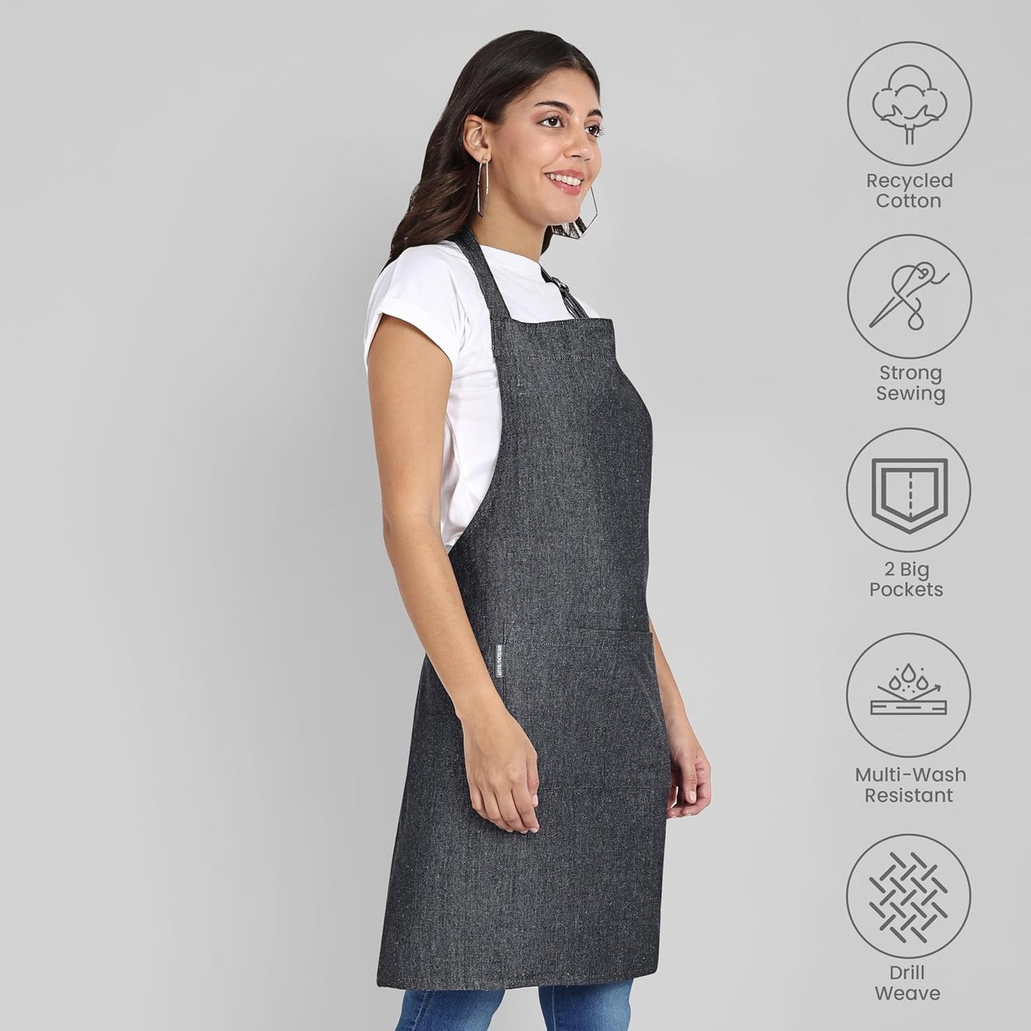 Chef Apron, Recycled Cotton Kitchen Apron with an Adjustable Neck with Long Ties, for cooking, baking