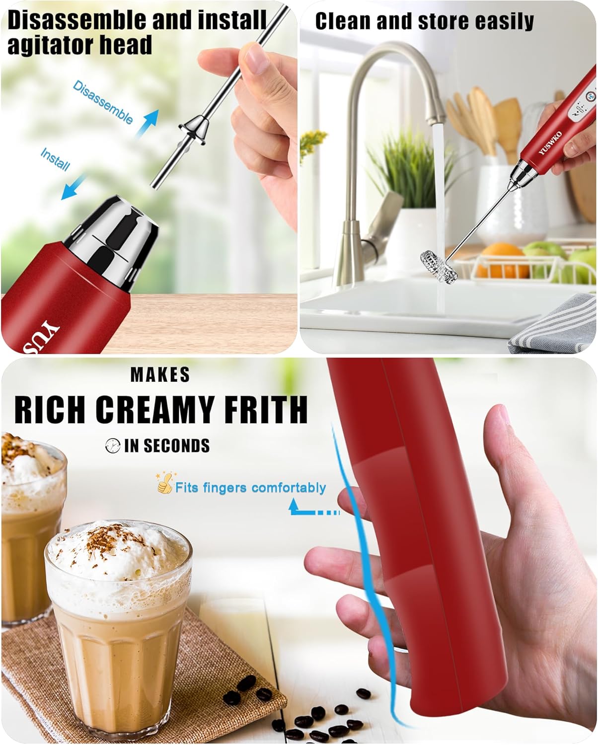 YUSWKO Rechargeable Milk Frother for Coffee, Handheld Drink Mixer with 3 Heads 3 Speeds, Ideal Coffee Frother Wand for Travel - Red