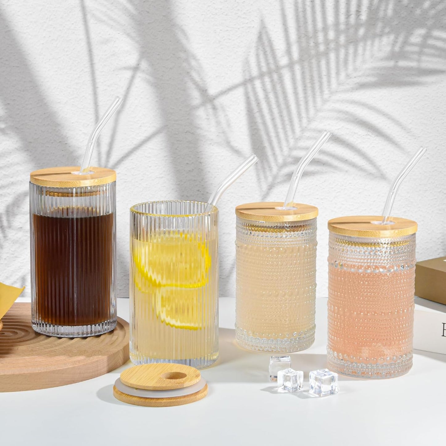 14 oz Drinking Glasses Set of 4 with Bamboo Lids Straws Striped Ribbed Glassware Set Vintage Glass Cups Embossed Iced Coffee Cup for Beer Cocktail Beverage(Ribbed)