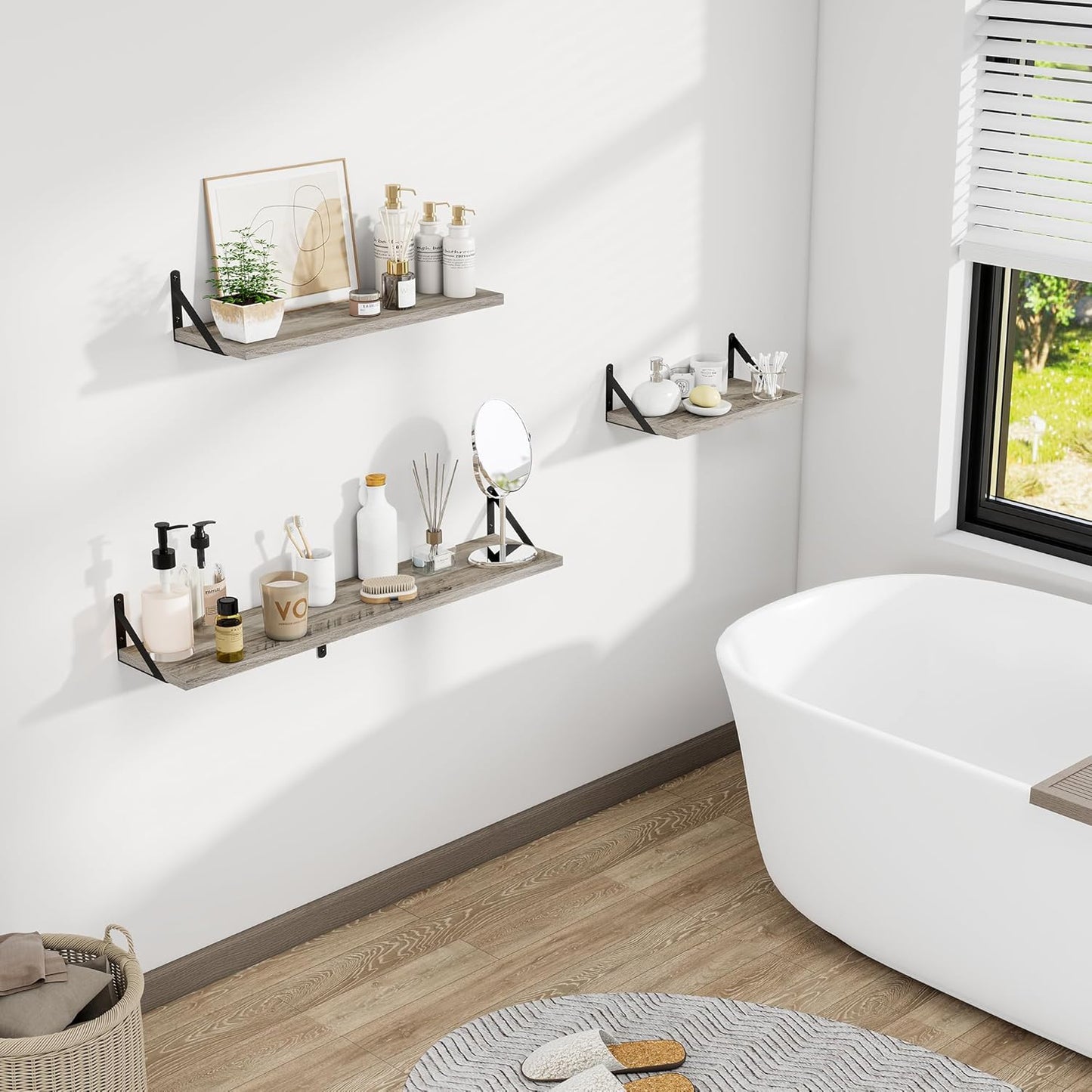 Dreamland Grey Floating Shelves for Wall, 24W x 8D Wall Mounted Shelves Set of 2, Wide Display Ledge Shelf with Sturdy Metal Brackets for Living Room, Bathroom, Bedroom and Kitchen