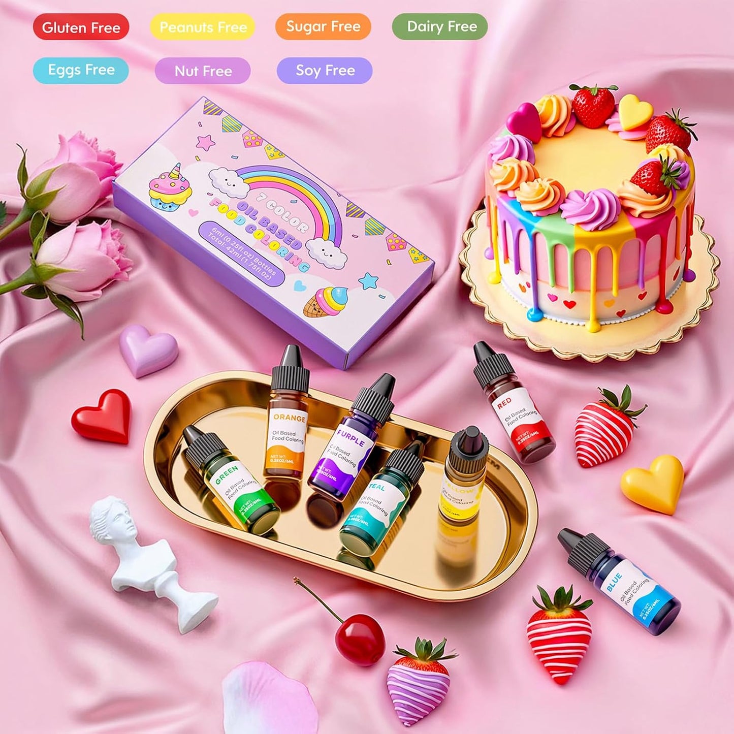 Oil Based Food Coloring for Chocolate Rainbow Oil Edible Food Dye Set for Baking Royal Icing Cookie Supplies Gluten Free 7x6ml Food Grade Food Color Kit, 0.25 Fl. Oz/Bottles