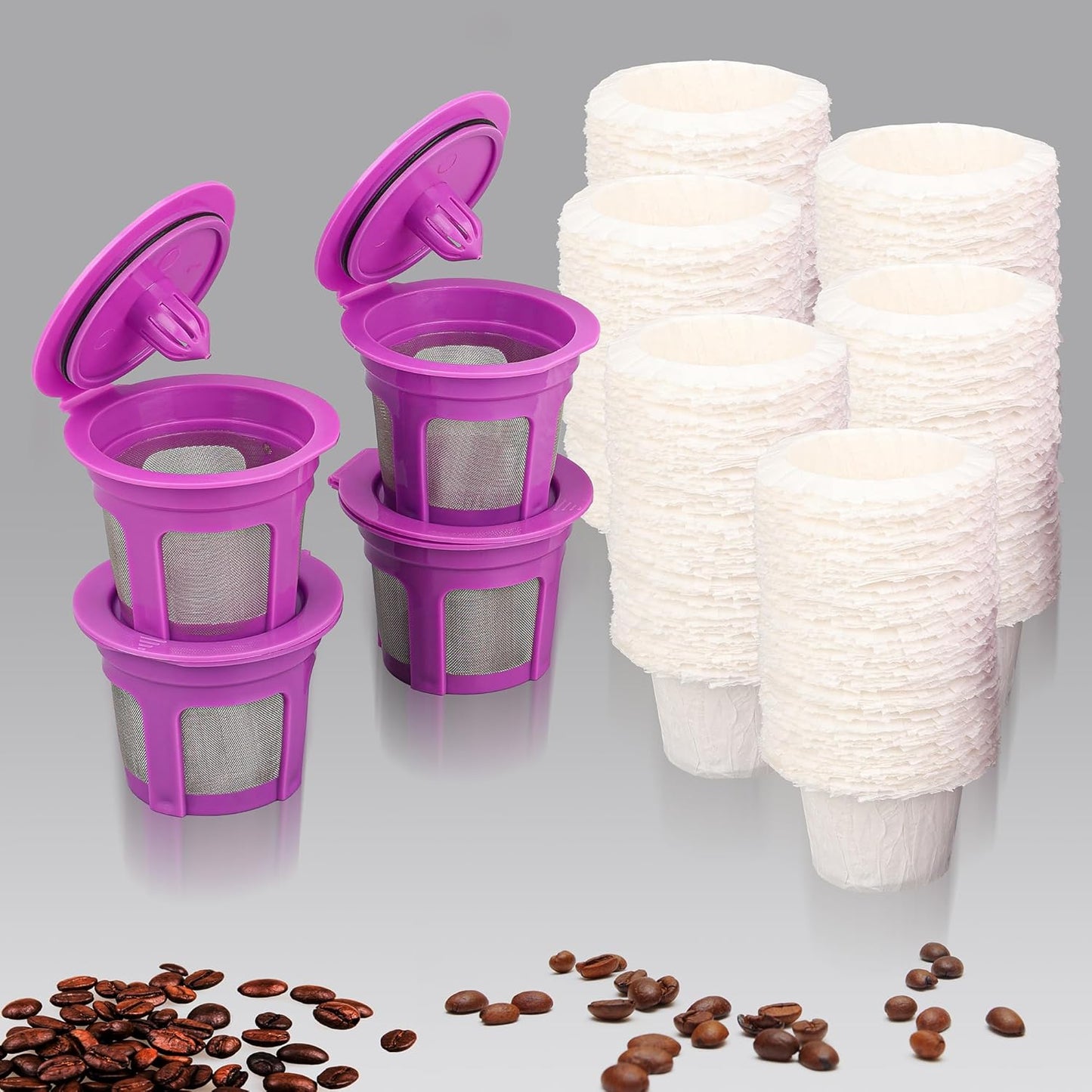 600 Count Disposable Paper Coffee Filters with 4 Pack Reusable K Cups, Compatible with Keurig 2.0 and 1.0 Coffee Maker