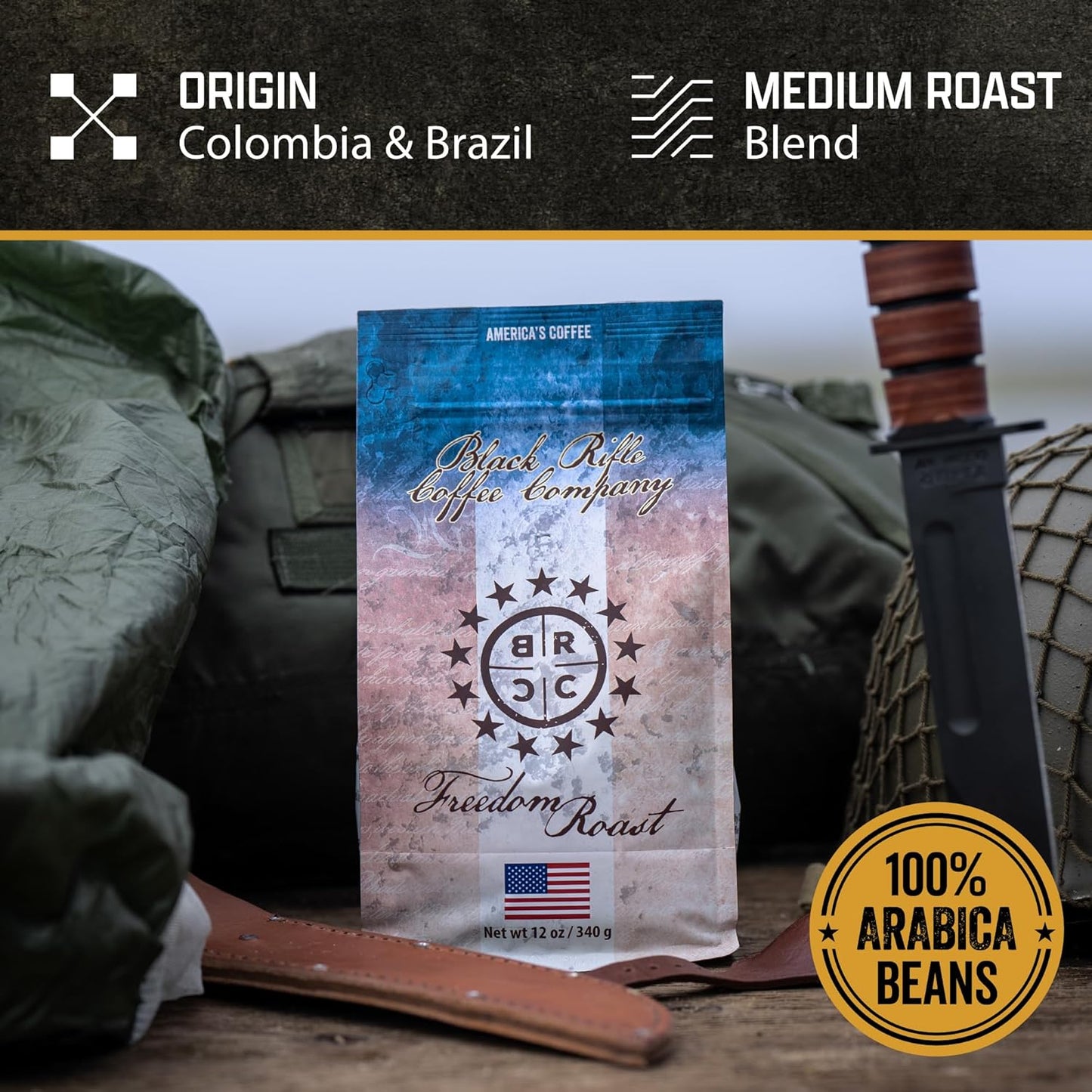 Black Rifle Coffee Company Ground Coffee Medium Roast - Roasted Blend Made from Pure Arabica Beans - Colombian & Brazilian Beans - Veteran Founded & American Made (Freedom Roast, 12oz Bag)